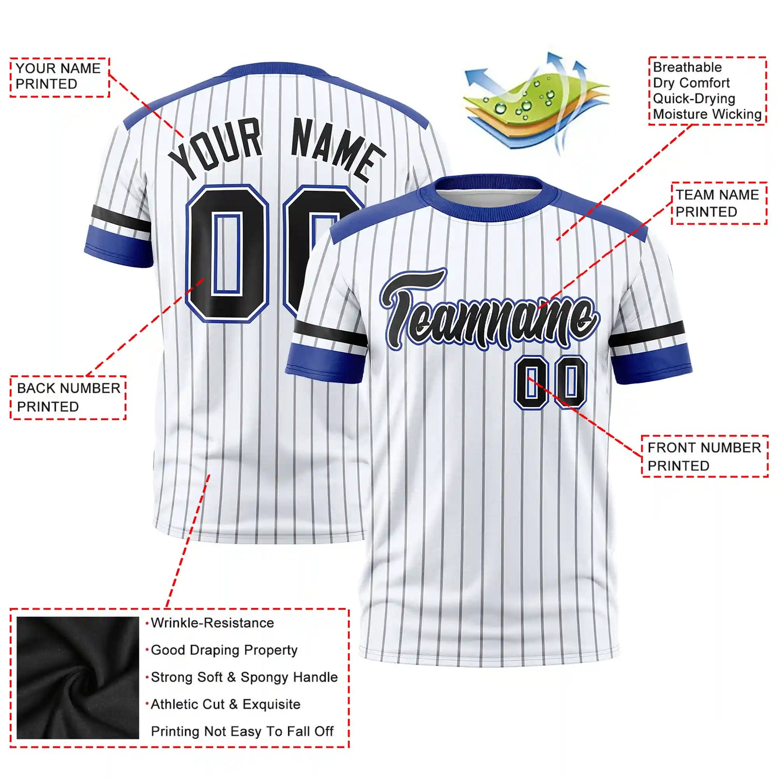 Custom White Black-Royal Blue Pinstripe Pattern Design Performance T-Shirt