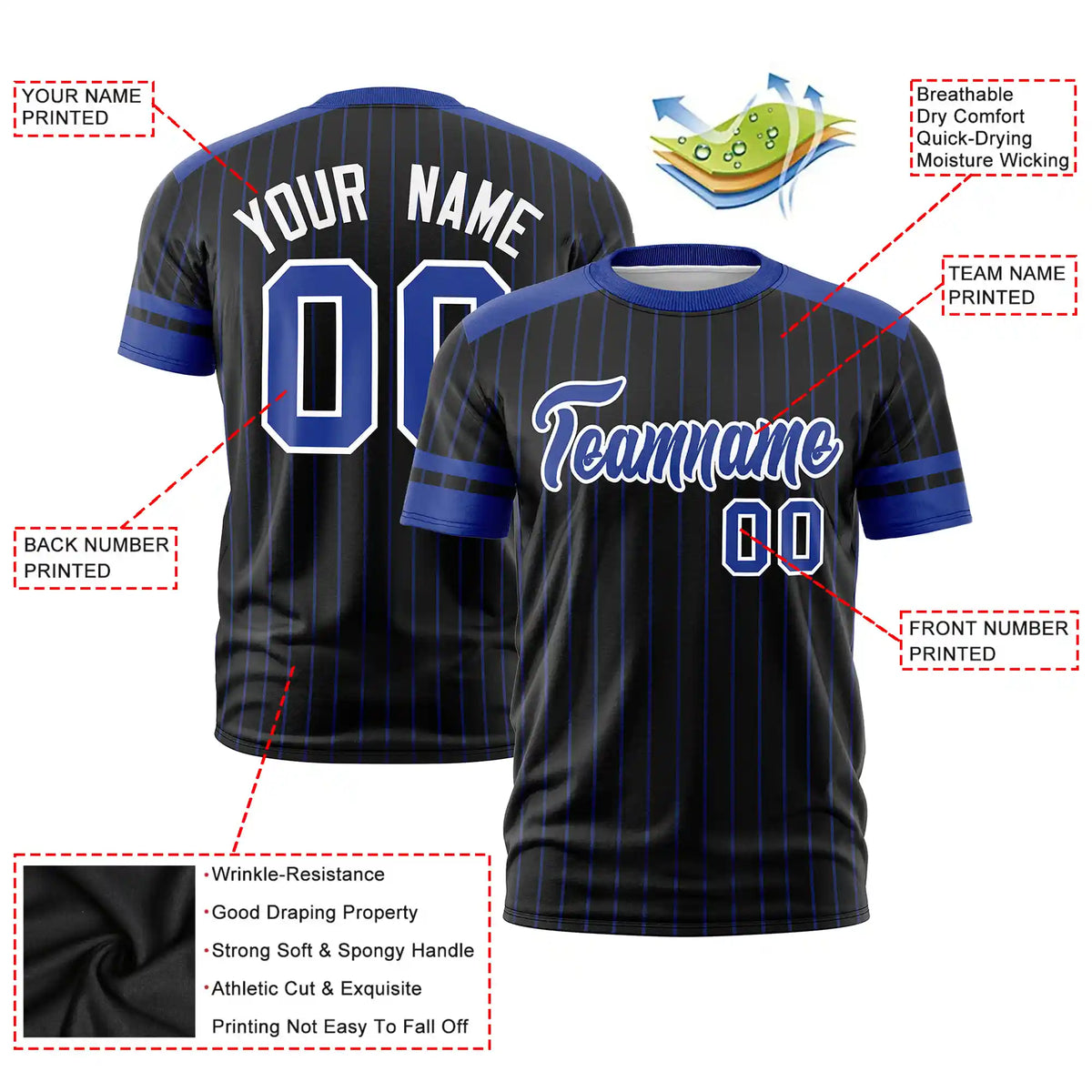 Custom Black Royal Blue-White Pinstripe Pattern Design Performance T-Shirt