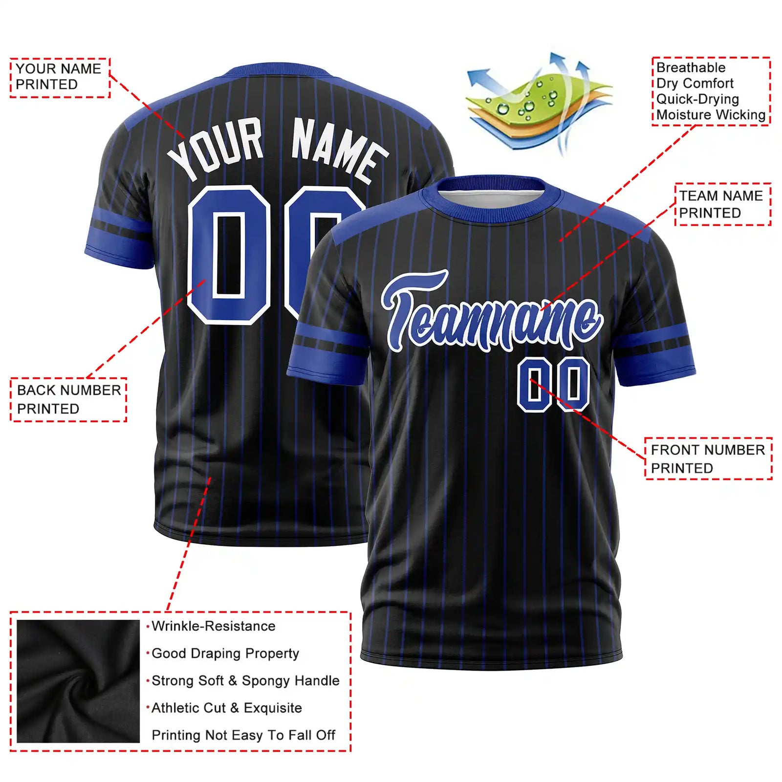 Custom Black Royal Blue-White Pinstripe Pattern Design Performance T-Shirt