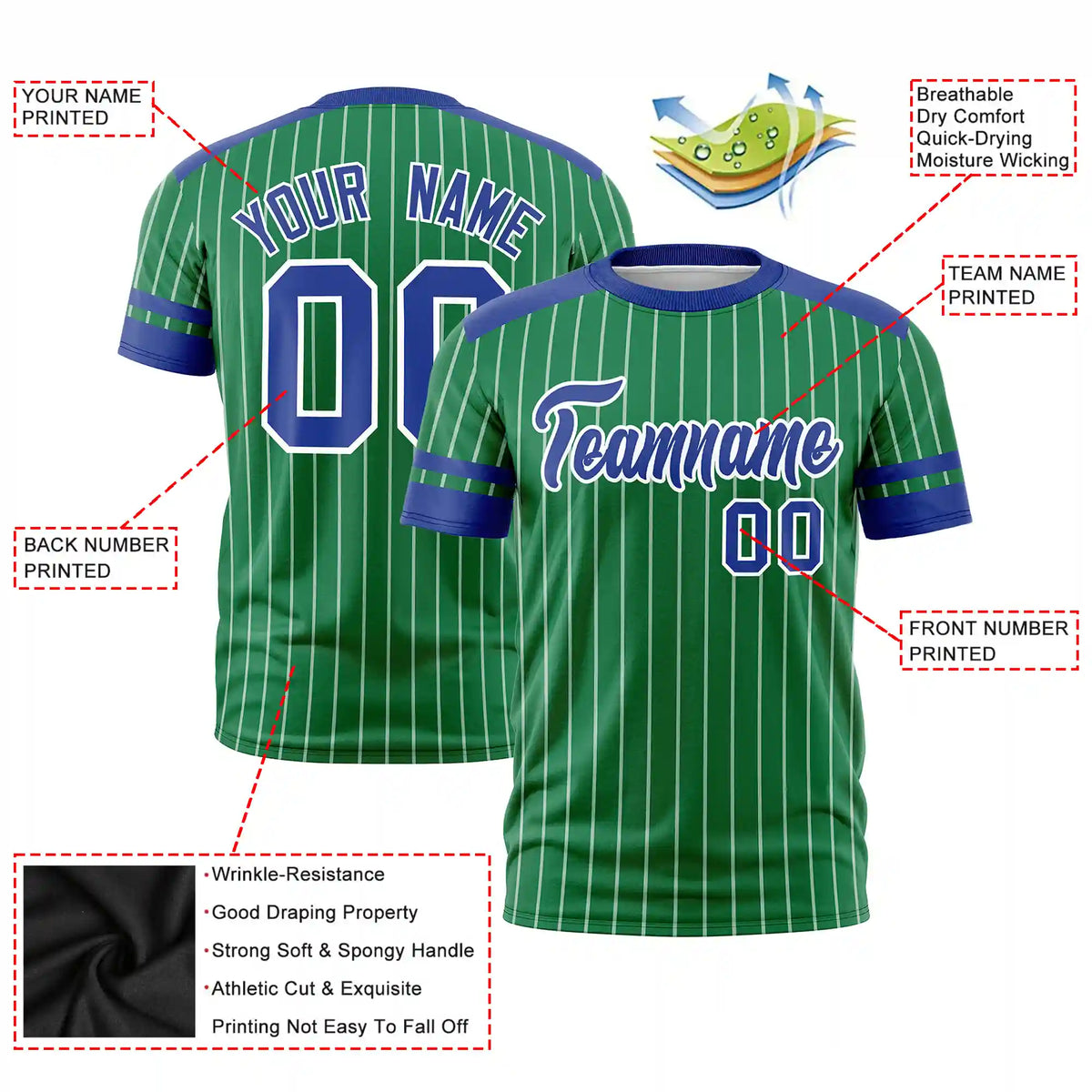 Custom Kelly Green White-Royal Blue Pinstripe Pattern Design Performance T-Shirt