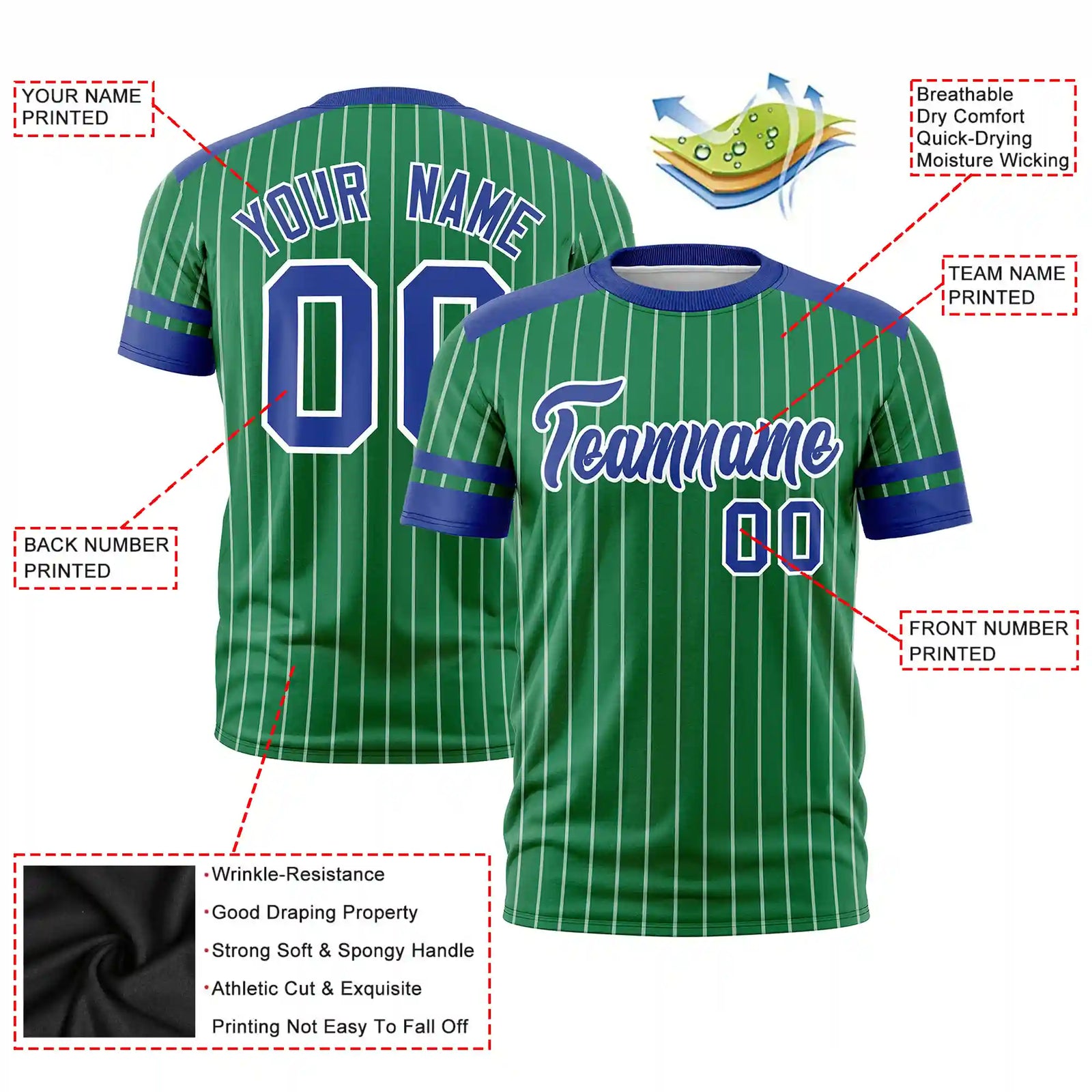 Custom Kelly Green White-Royal Blue Pinstripe Pattern Design Performance T-Shirt