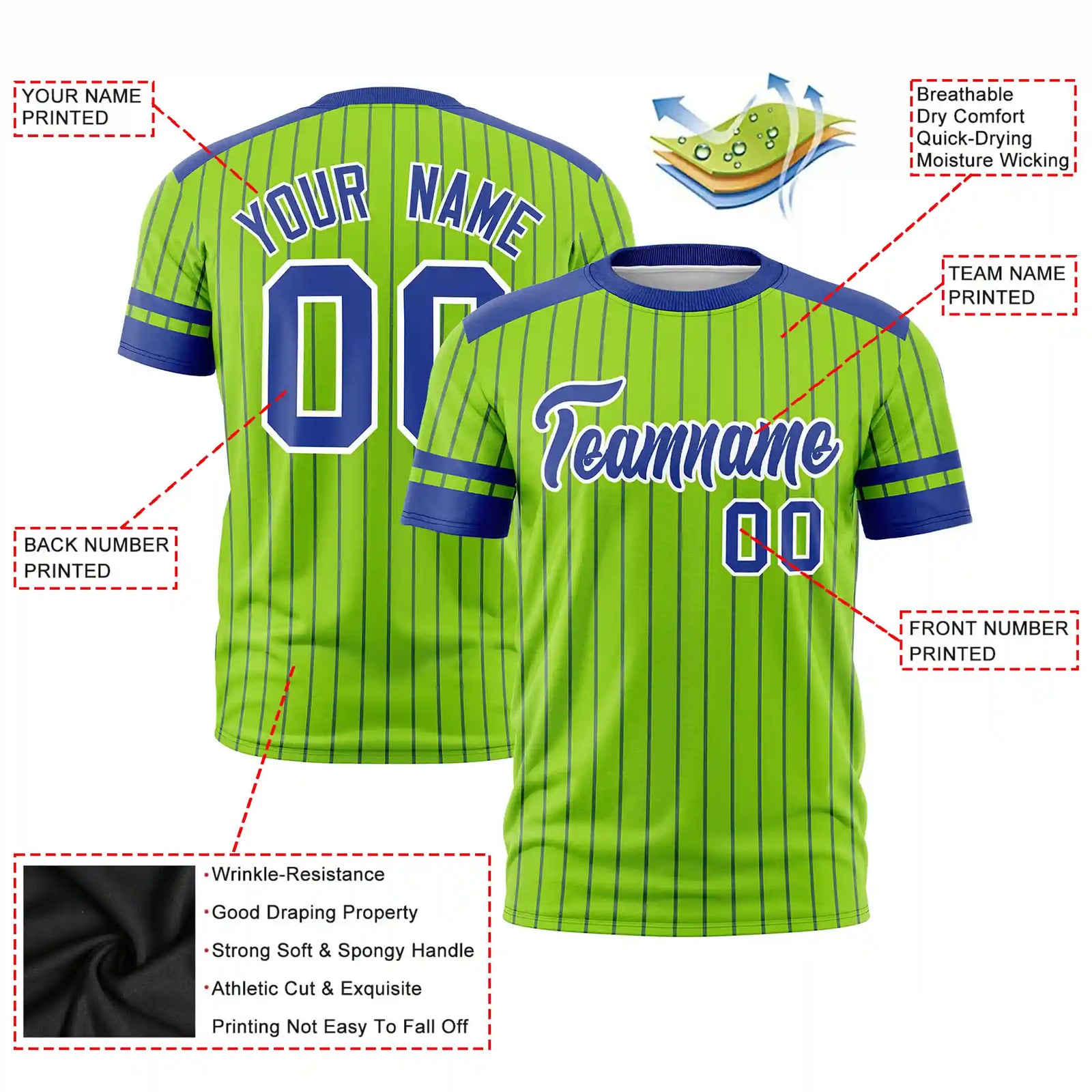 Custom Neon Green Royal Blue-White Pinstripe Pattern Design Performance T-Shirt