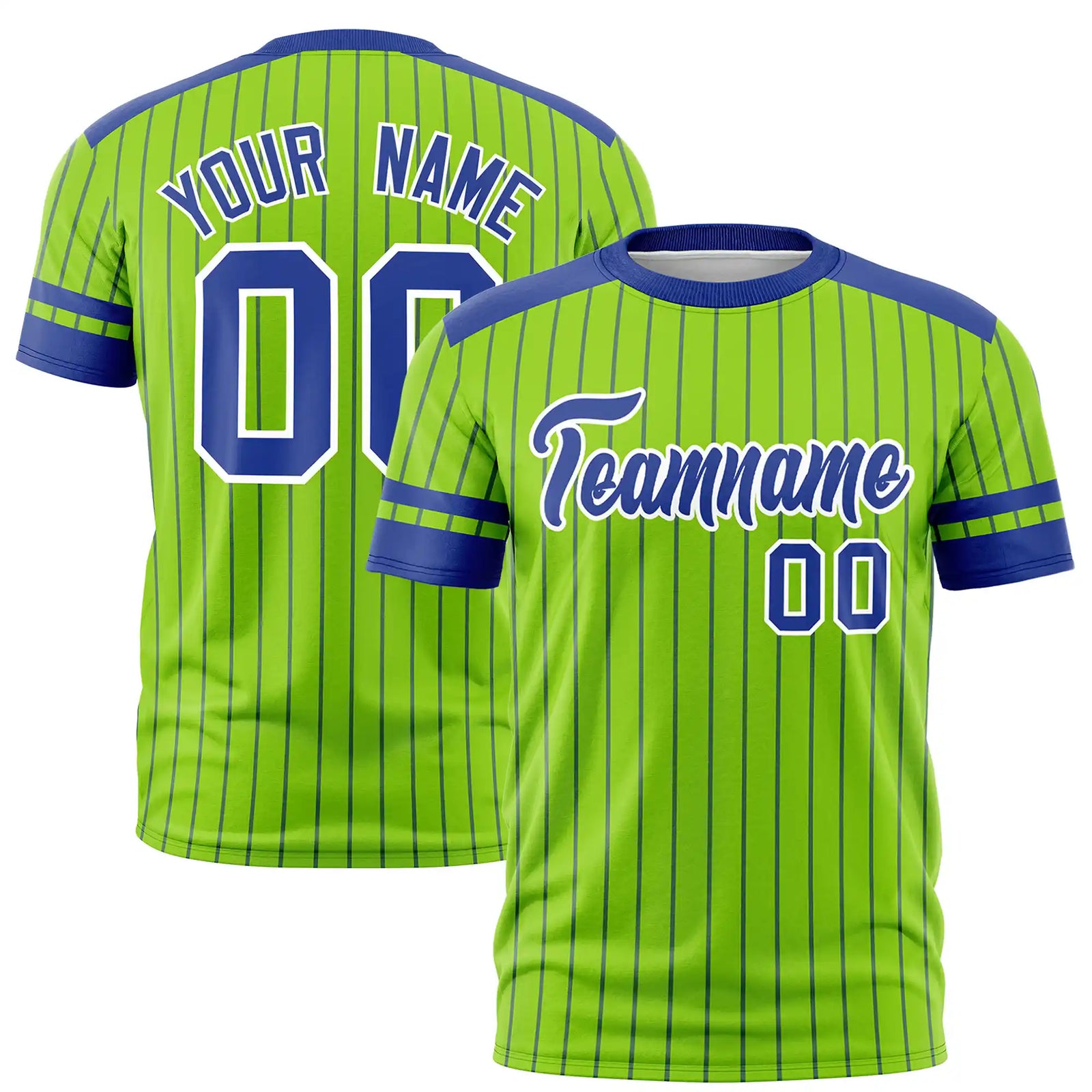 Custom Neon Green Royal Blue-White Pinstripe Pattern Design Performance T-Shirt