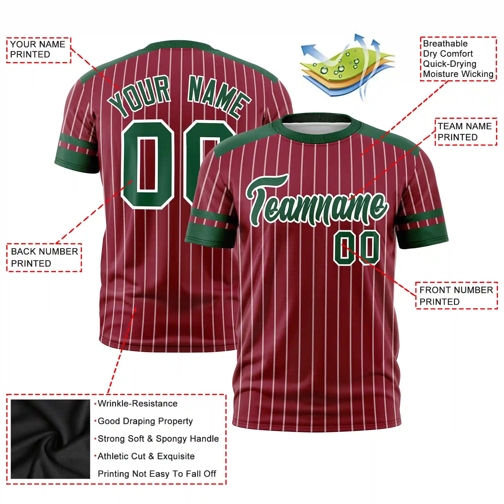 Custom Crimson White-Green Pinstripe Pattern Design Performance T-Shirt