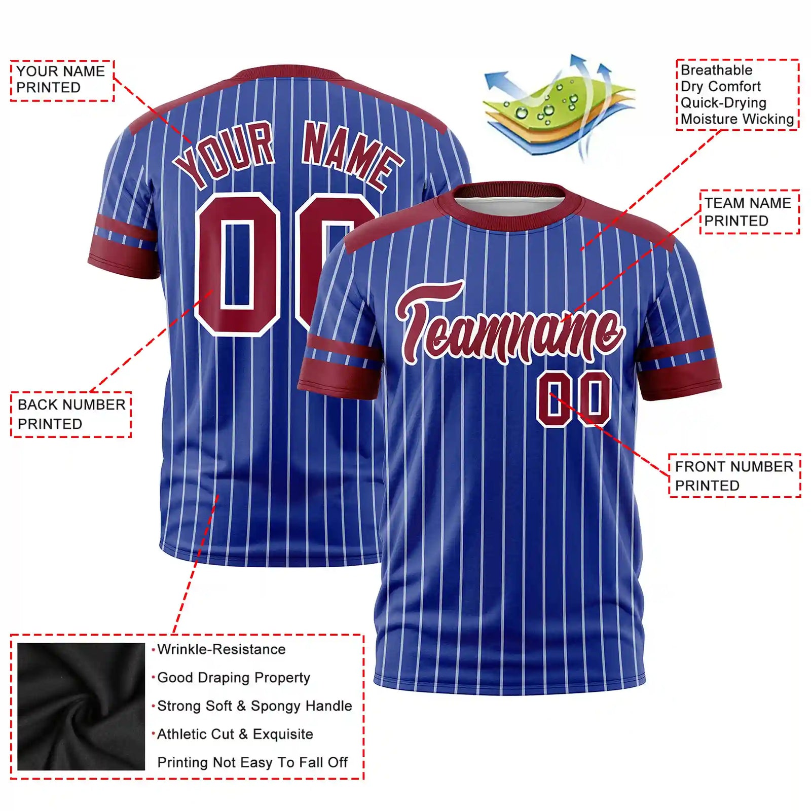 Custom Royal Blue White-Crimson Pinstripe Pattern Design Performance T-Shirt
