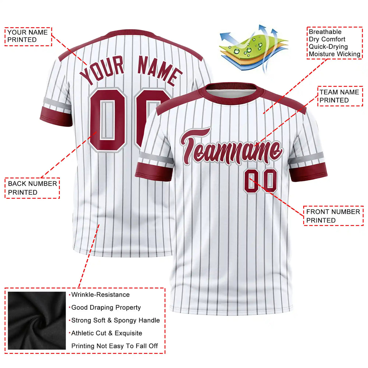 Custom White Gray-Crimson Pinstripe Pattern Design Performance T-Shirt