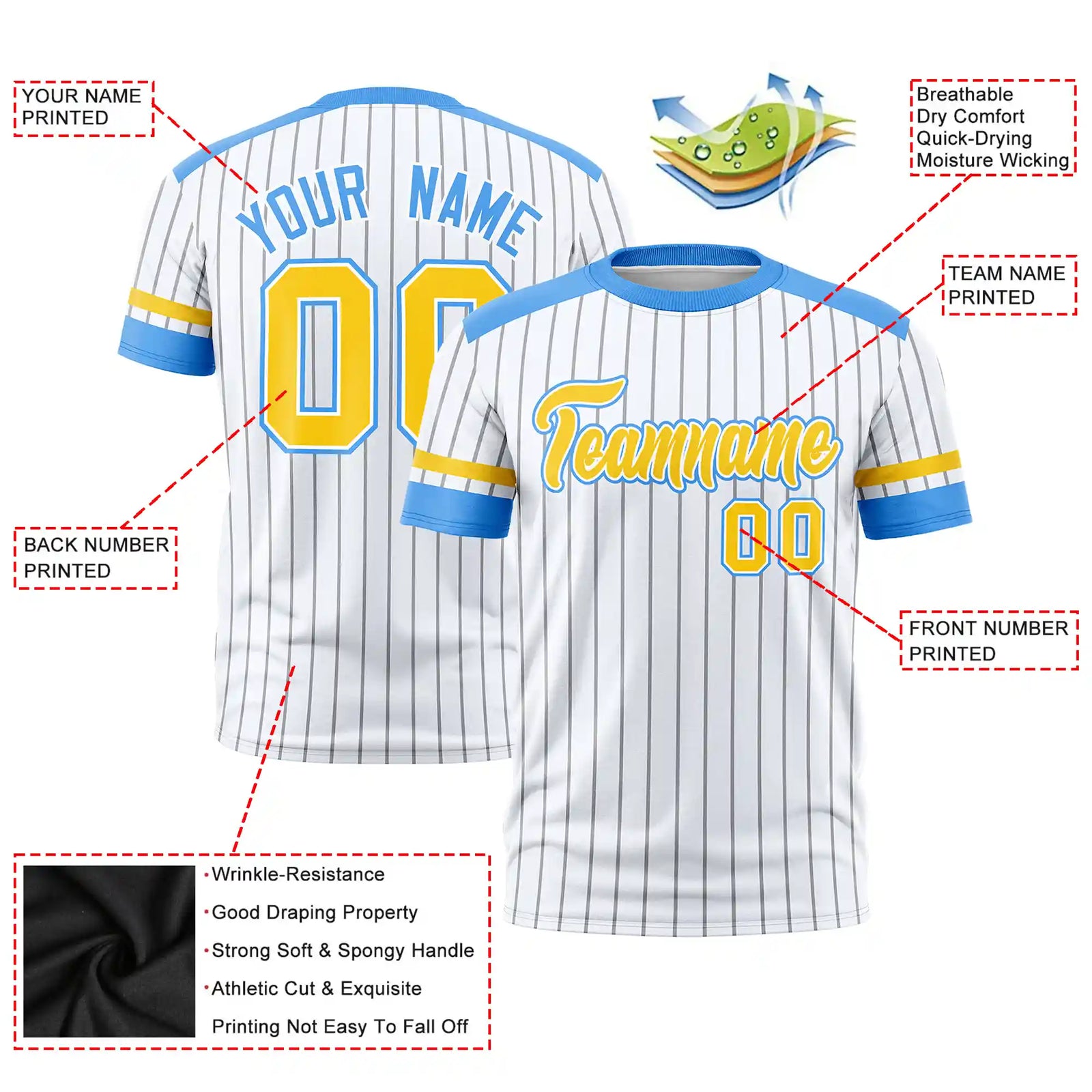 Custom White Gray-Powder Blue Pinstripe Pattern Design Performance T-Shirt