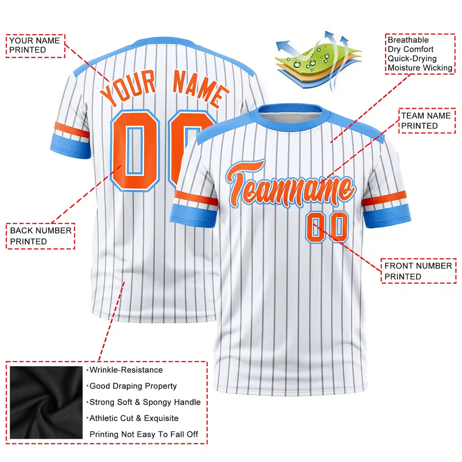 Custom White Gray-Powder Blue Pinstripe Pattern Design Performance T-Shirt