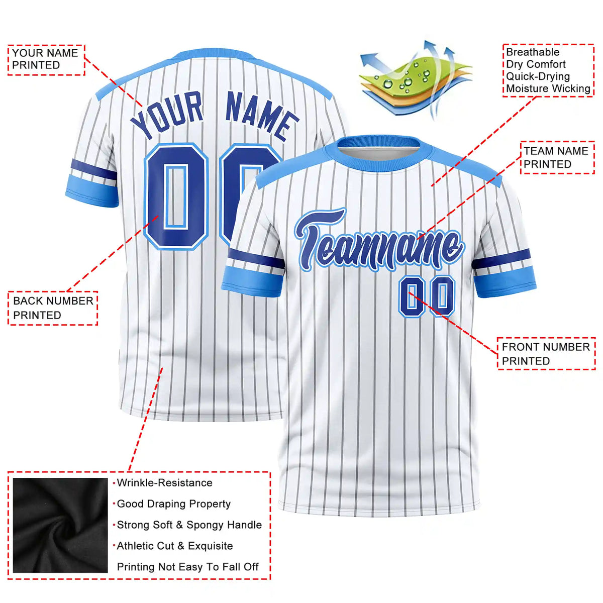 Custom White Gray-Powder Blue Pinstripe Pattern Design Performance T-Shirt