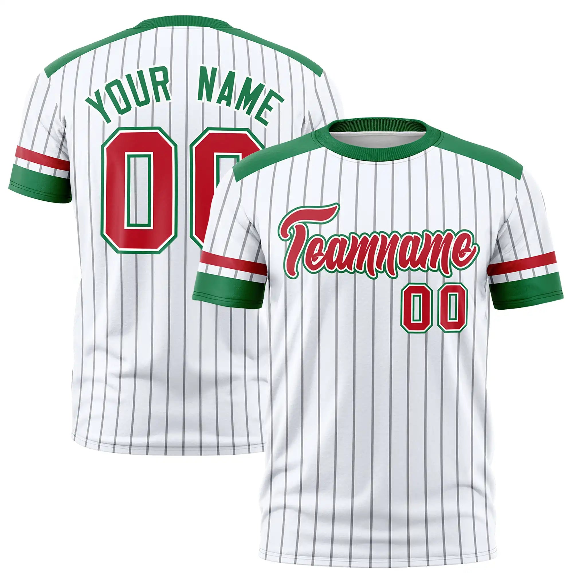 Custom White Gray-Kelly Green Pinstripe Pattern Design Performance T-Shirt