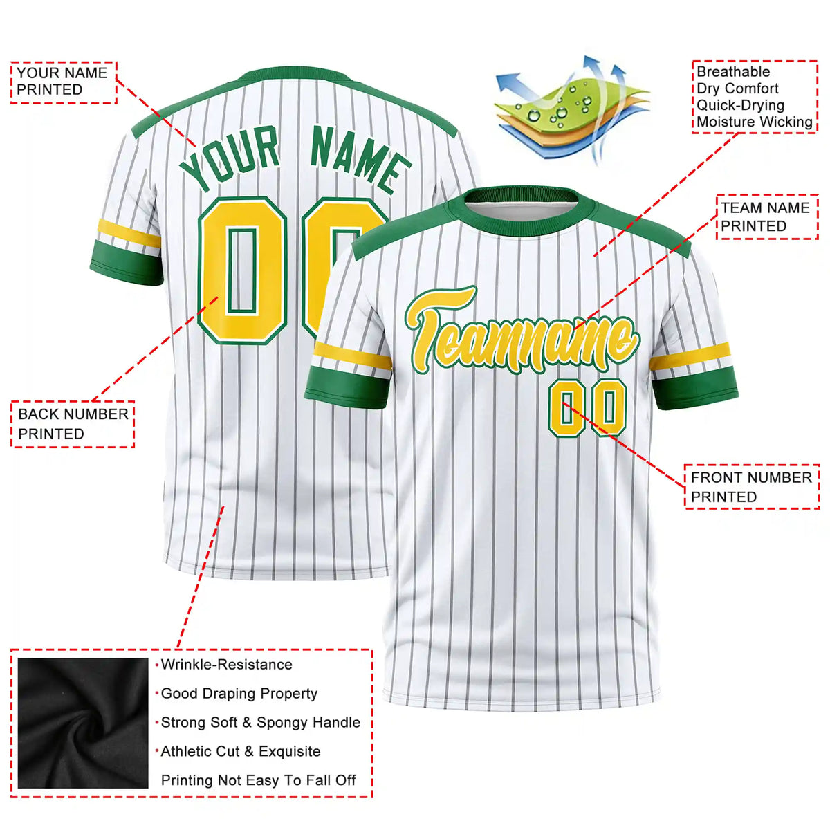 Custom White Gray-Kelly Green Pinstripe Pattern Design Performance T-Shirt