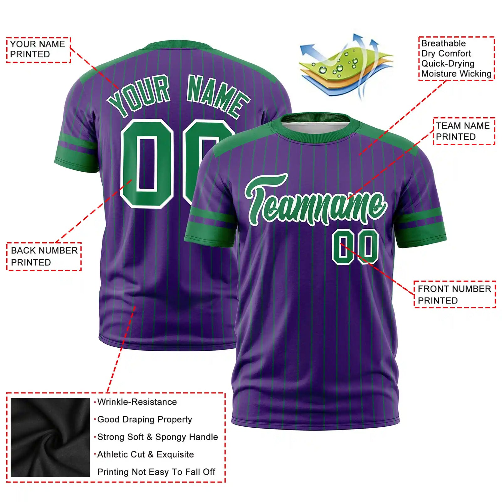 Custom Purple Kelly Green-Kelly Green Pinstripe Pattern Design Performance T-Shirt