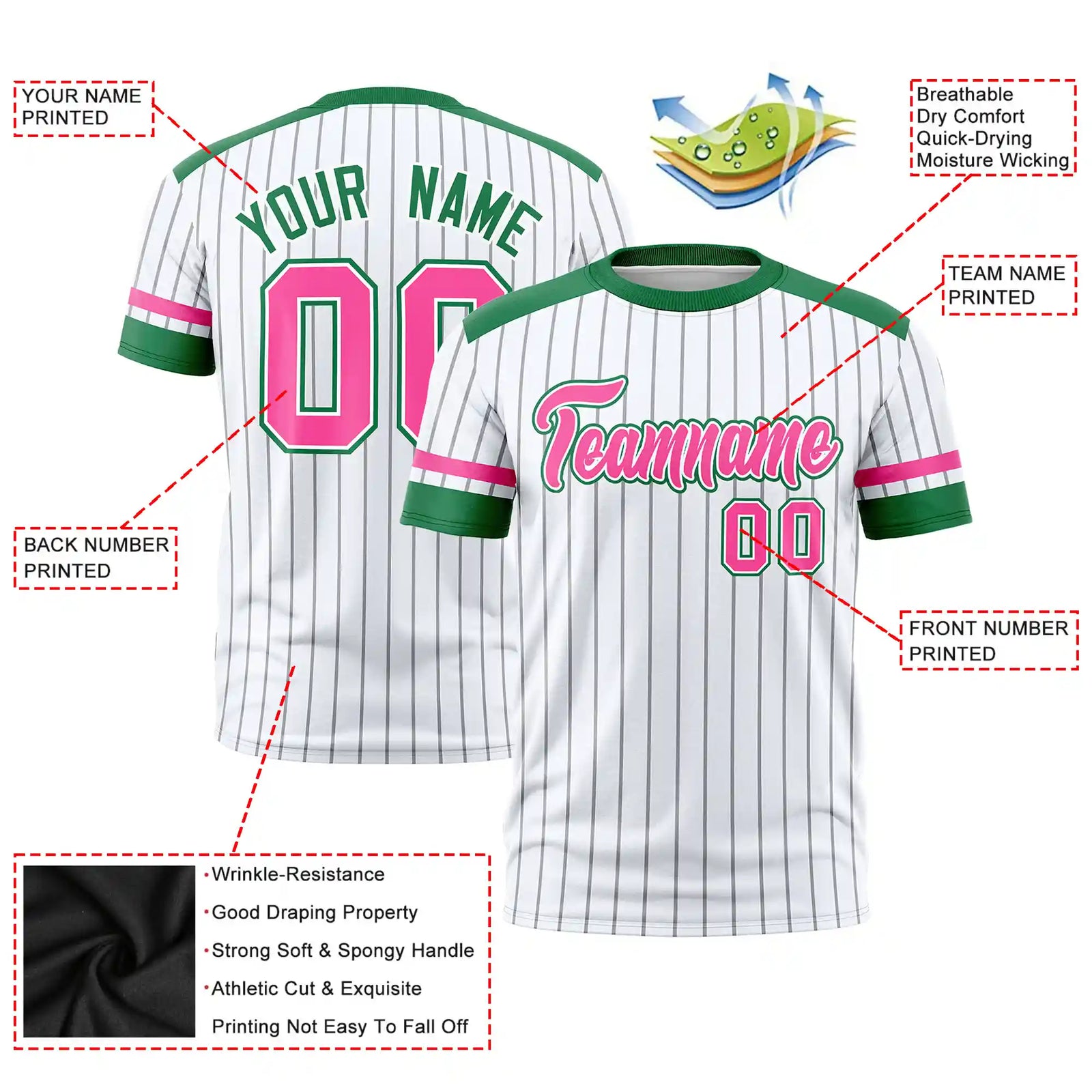 Custom White Gray-Kelly Green Pinstripe Pattern Design Performance T-Shirt