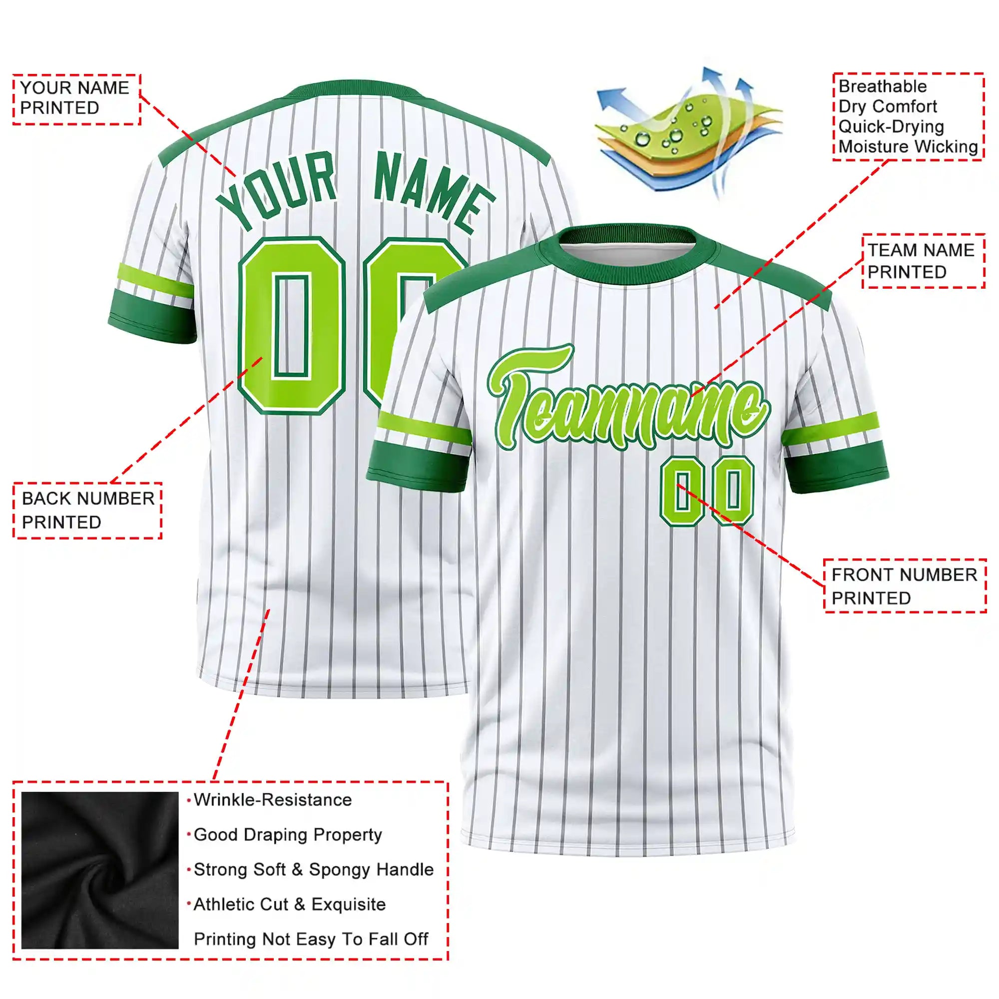 Custom White Gray-Kelly Green Pinstripe Pattern Design Performance T-Shirt