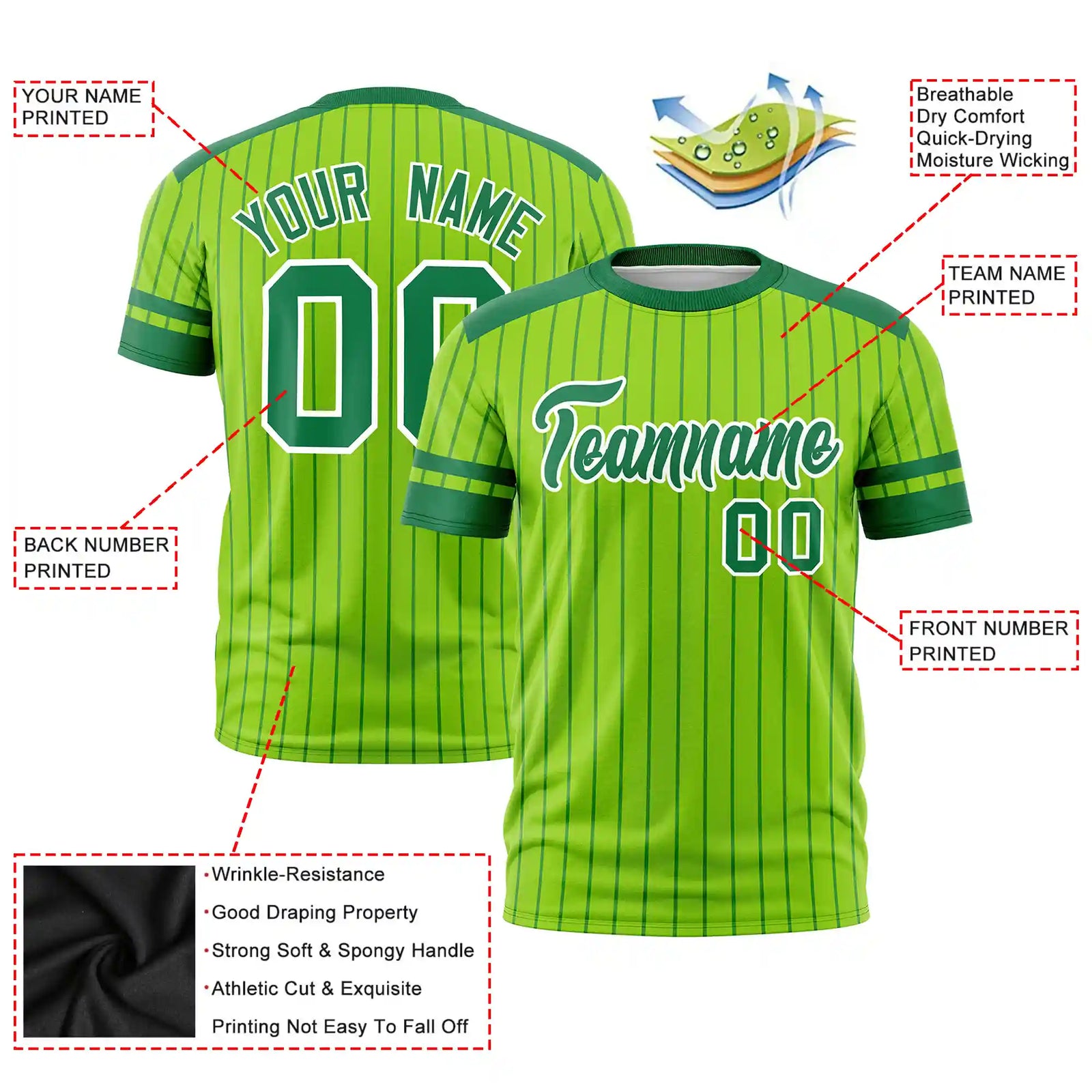 Custom Neon Green Kelly Green-Kelly Green Pinstripe Pattern Design Performance T-Shirt