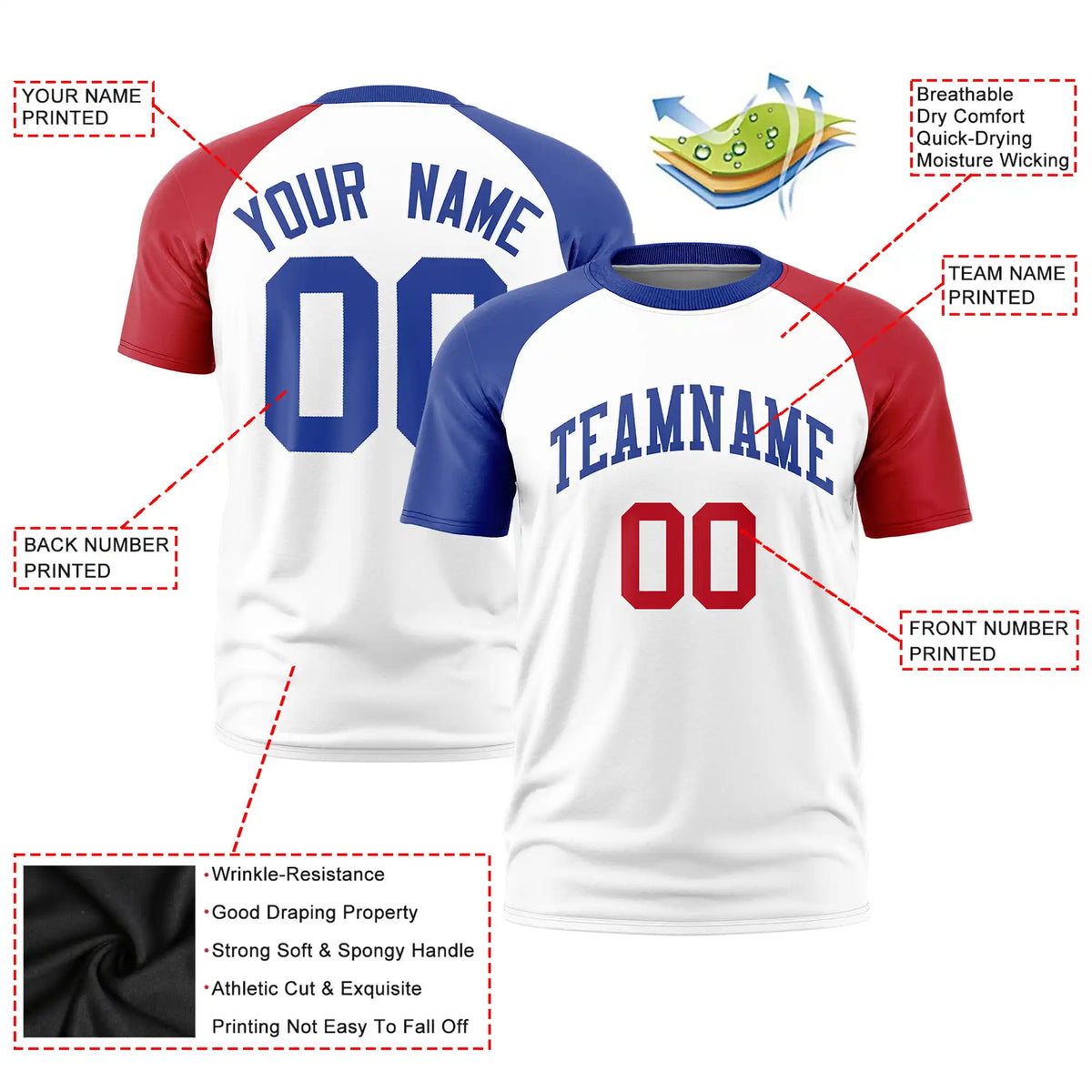 Custom White Royal Blue-Red Crew Neck Two Tone Sleeve Design  Performance T-Shirt