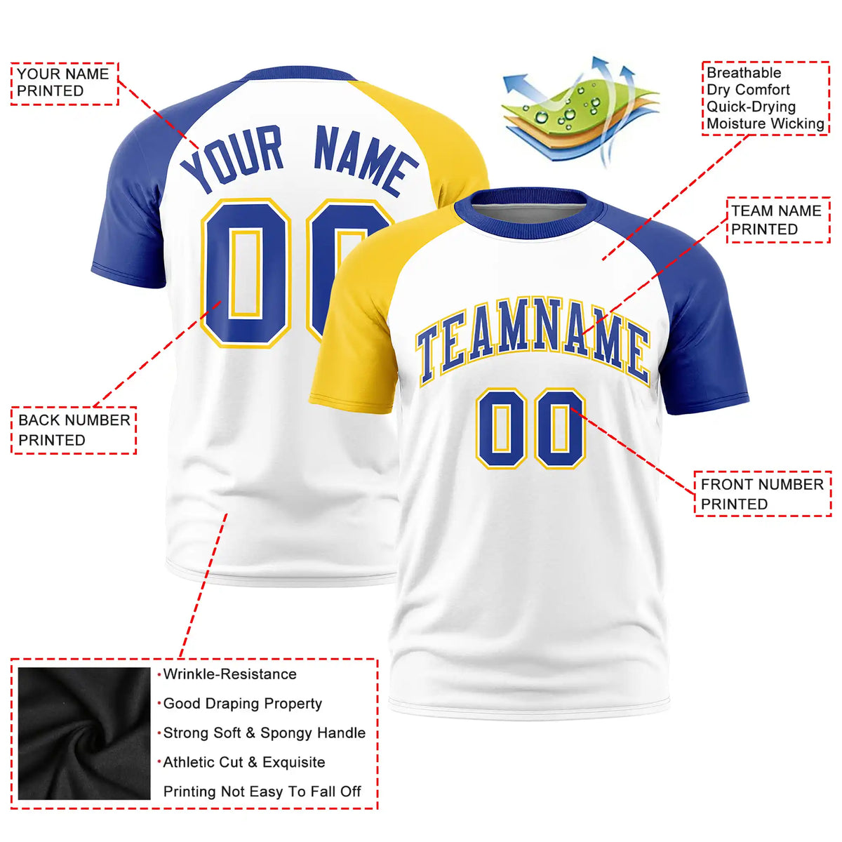 Custom White Gold01-Royal Blue Crew Neck Two Tone Sleeve Design  Performance T-Shirt