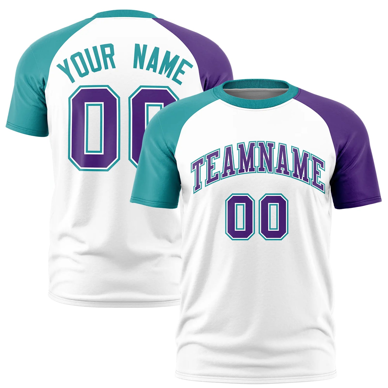 Custom White Aqua-Purple Crew Neck Two Tone Sleeve Design  Performance T-Shirt