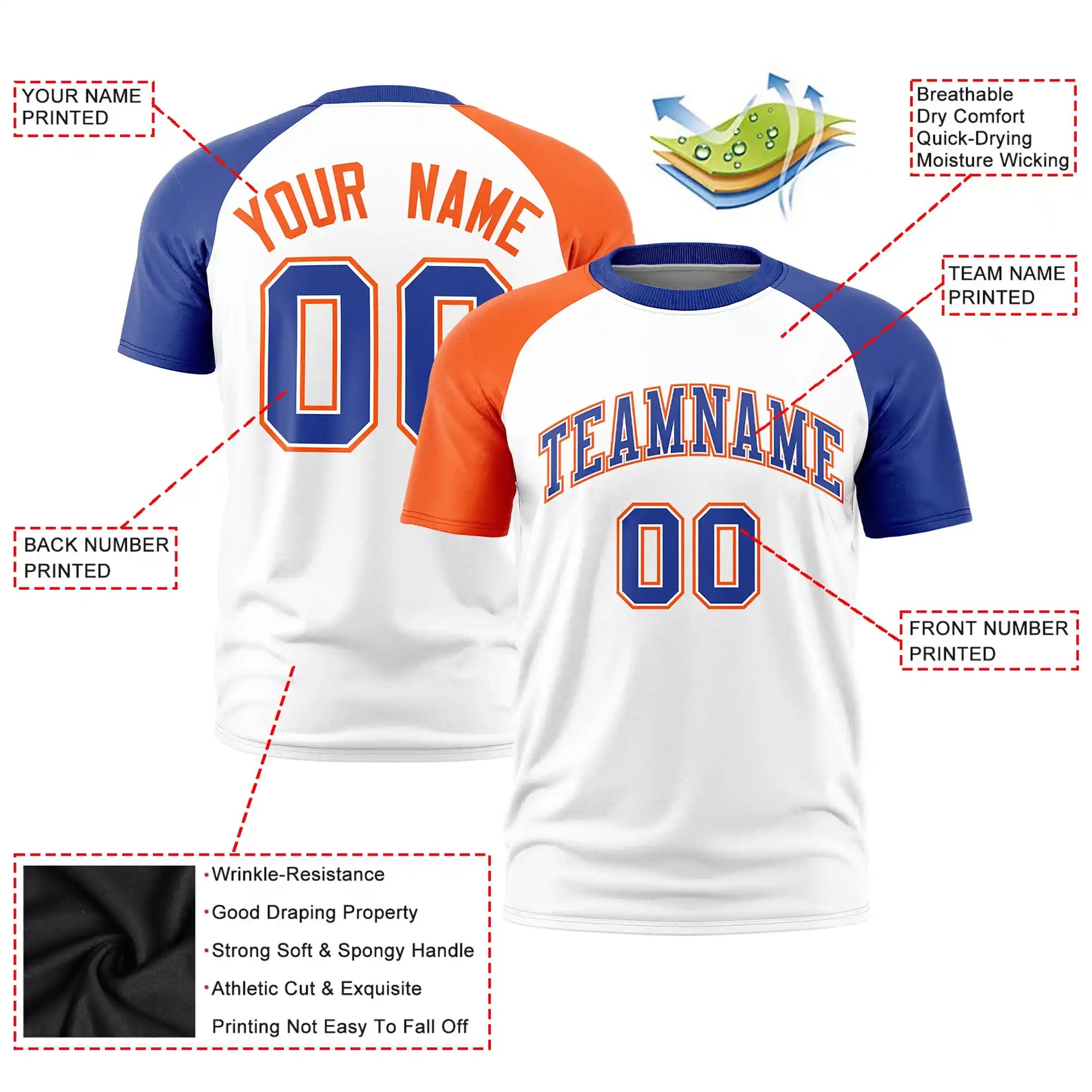 Custom White Orange-Royal Blue Crew Neck Two Tone Sleeve Design  Performance T-Shirt