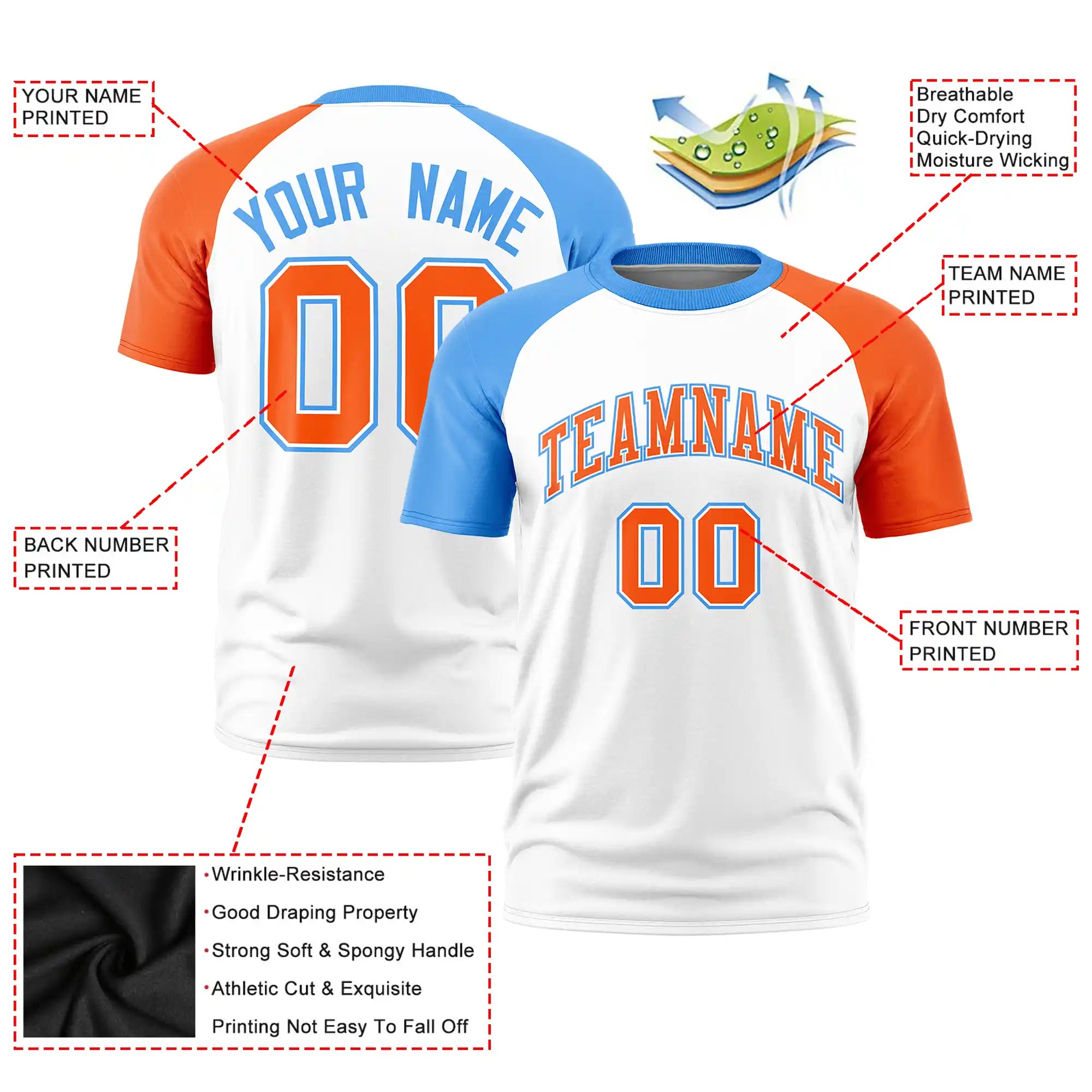 Custom White Powder Blue-Orange Crew Neck Two Tone Sleeve Design  Performance T-Shirt