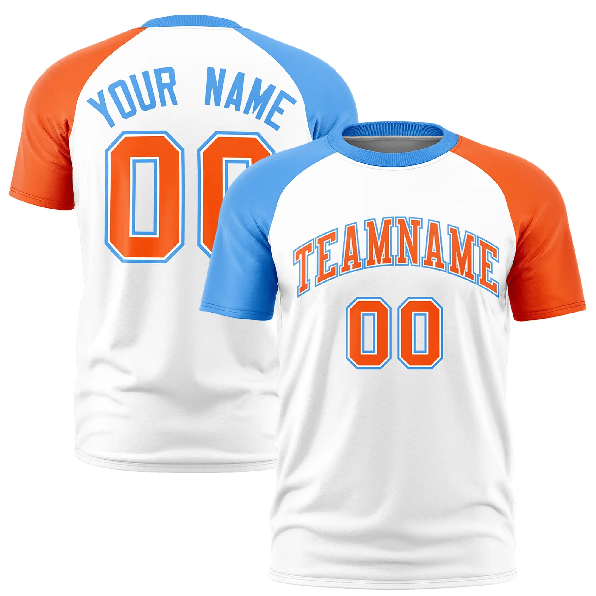 Custom White Powder Blue-Orange Crew Neck Two Tone Sleeve Design  Performance T-Shirt