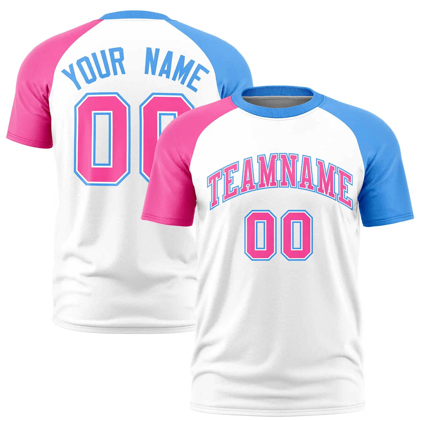 Custom White Pink-Powder Blue Crew Neck Two Tone Sleeve Design  Performance T-Shirt