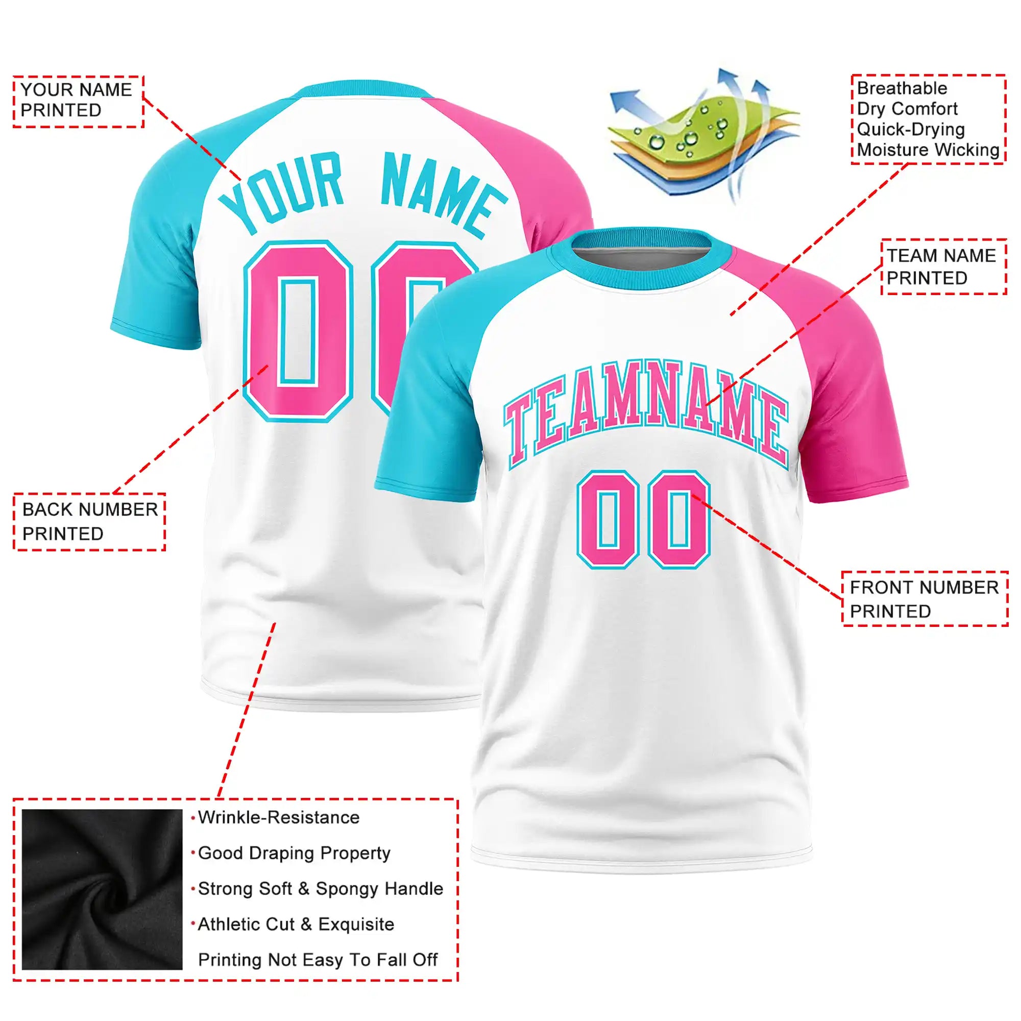 Custom White Sky Blue-Pink Crew Neck Two Tone Sleeve Design  Performance T-Shirt