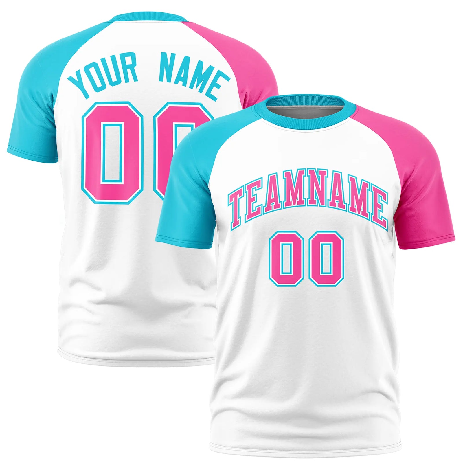 Custom White Sky Blue-Pink Crew Neck Two Tone Sleeve Design  Performance T-Shirt