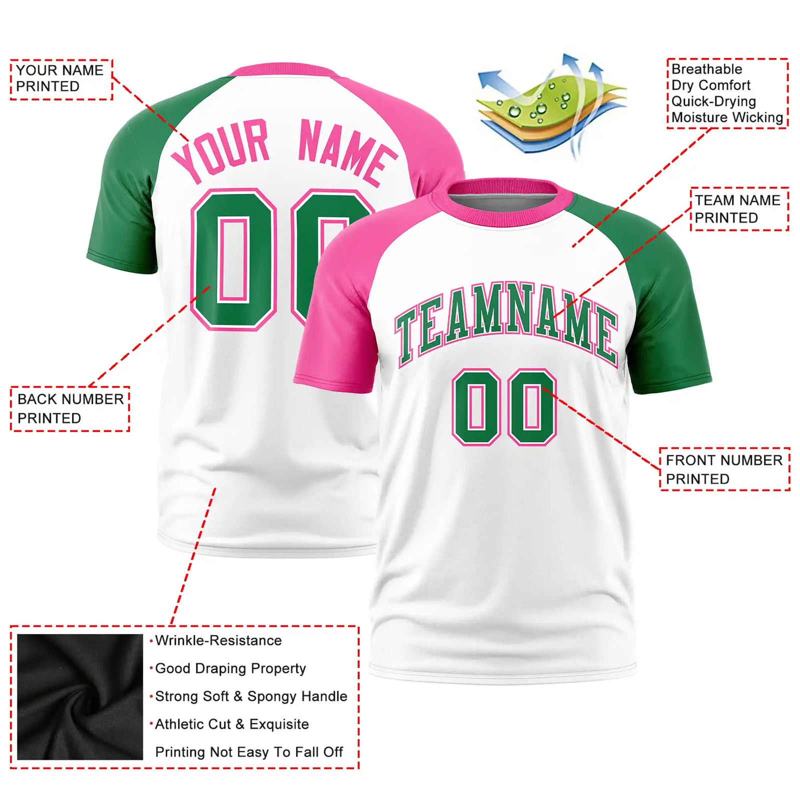 Custom White Pink-Kelly Green Crew Neck Two Tone Sleeve Design  Performance T-Shirt