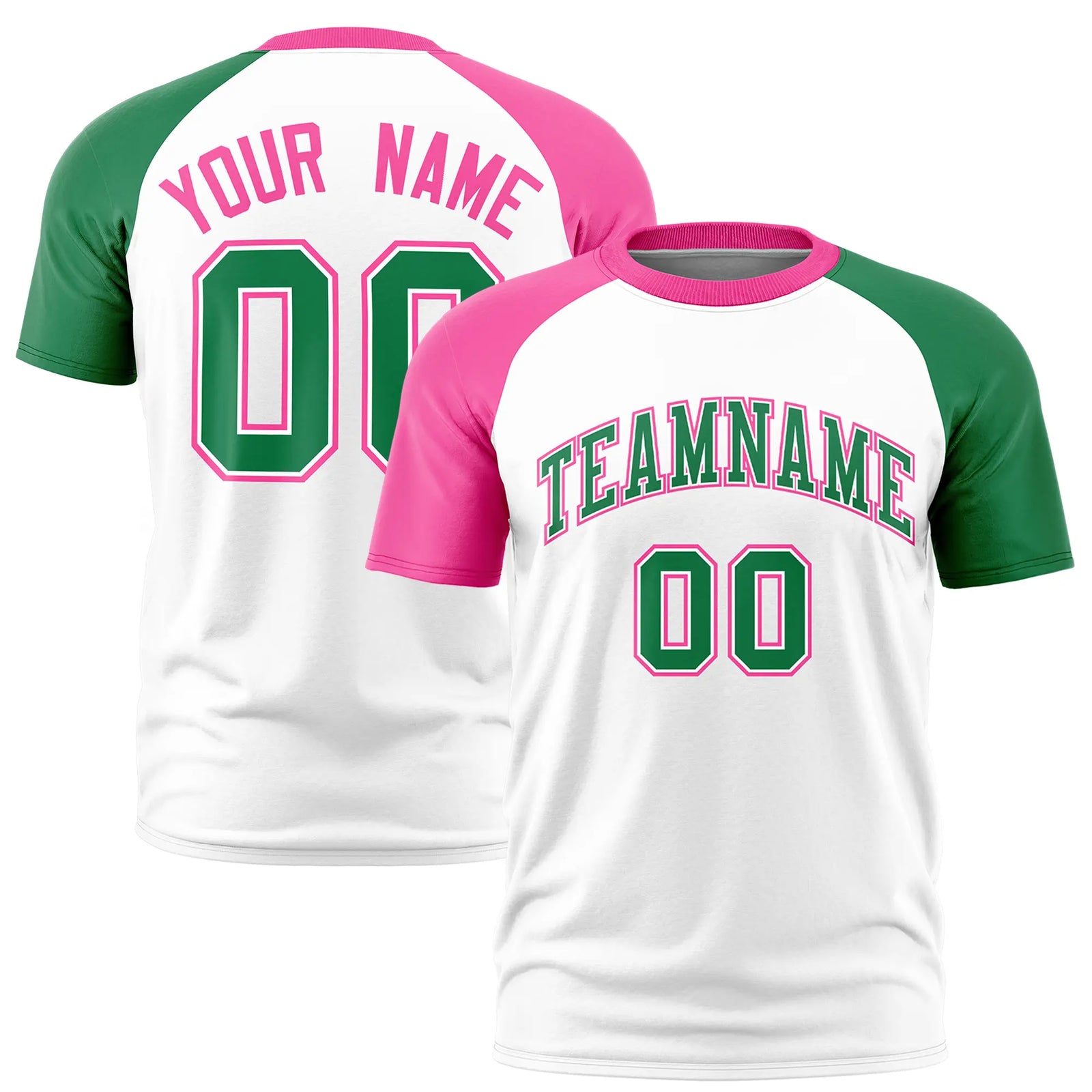 Custom White Pink-Kelly Green Crew Neck Two Tone Sleeve Design  Performance T-Shirt