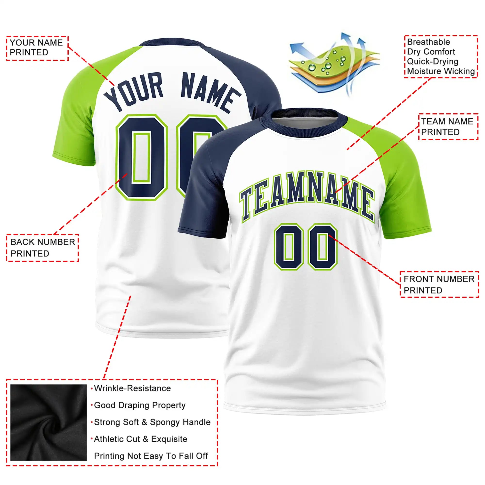 Custom White Navy-Neon Green Crew Neck Two Tone Sleeve Design  Performance T-Shirt