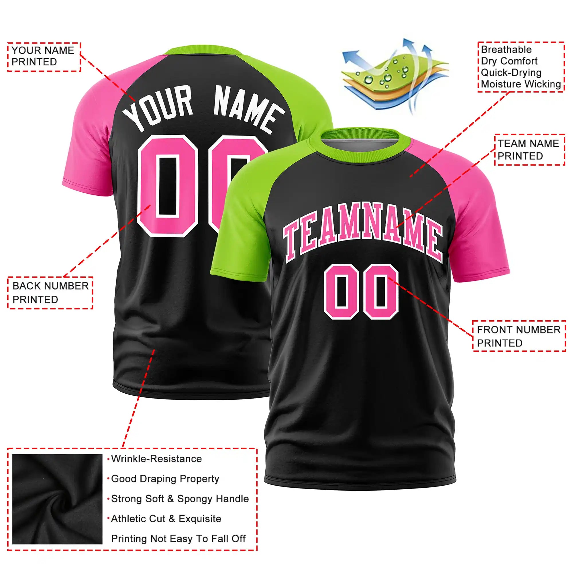 Custom Black Neon Green-Pink Crew Neck Two Tone Sleeve Design  Performance T-Shirt