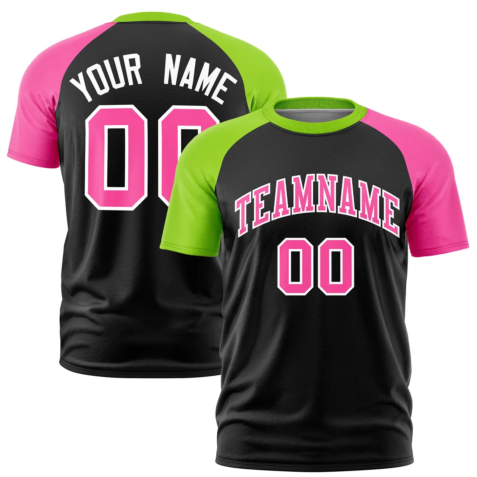 Custom Black Neon Green-Pink Crew Neck Two Tone Sleeve Design  Performance T-Shirt