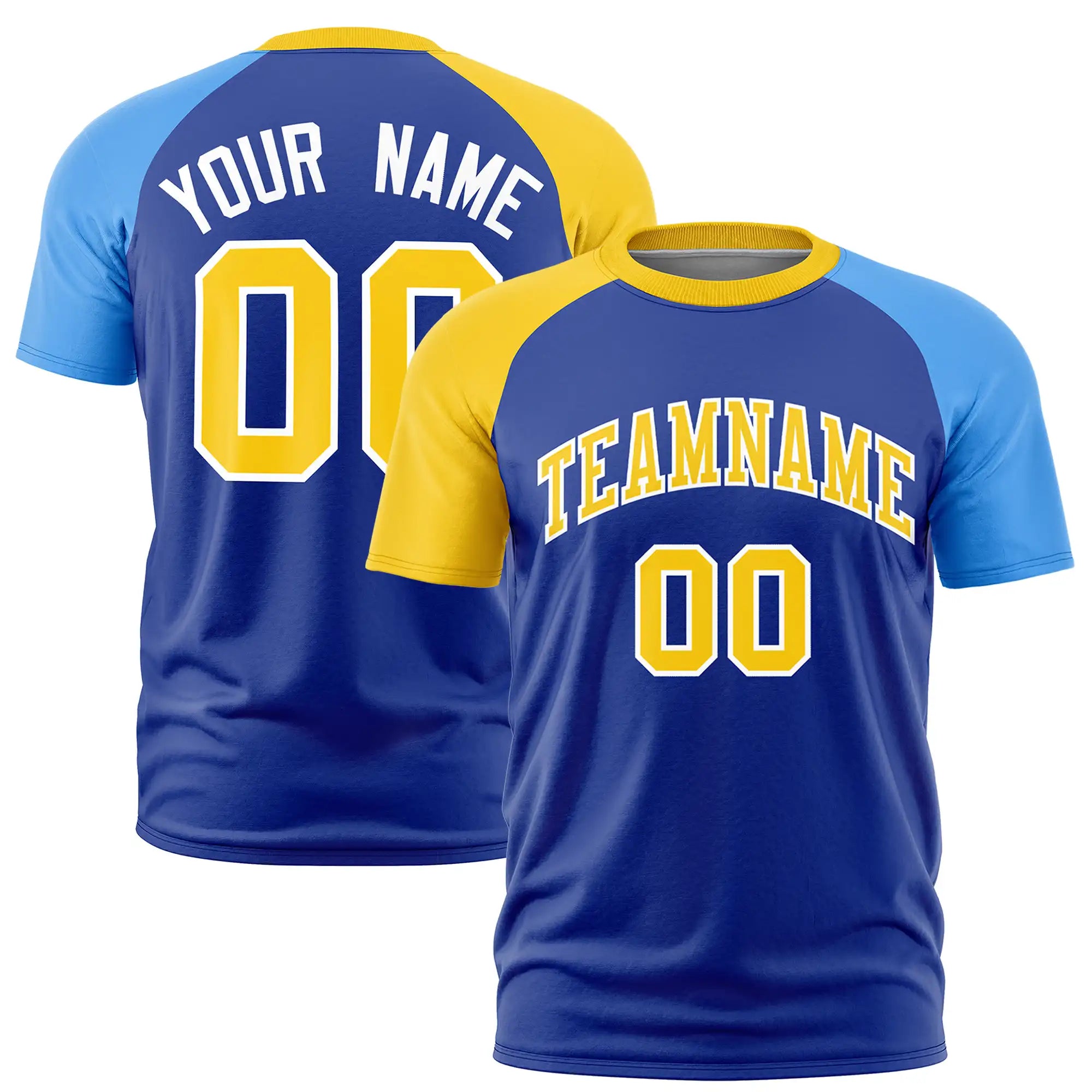 Custom Royal Blue Gold01-Powder Blue Crew Neck Two Tone Sleeve Design  Performance T-Shirt