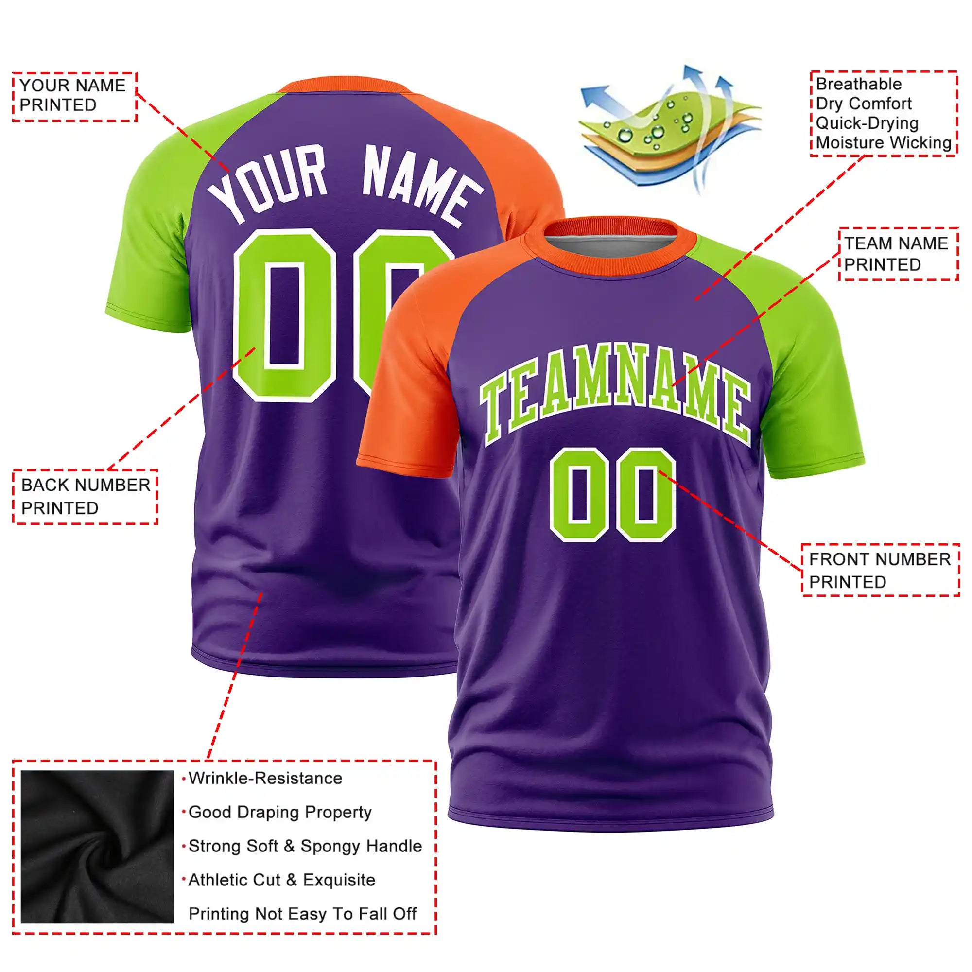 Custom Purple Orange-Neon Green Crew Neck Two Tone Sleeve Design  Performance T-Shirt