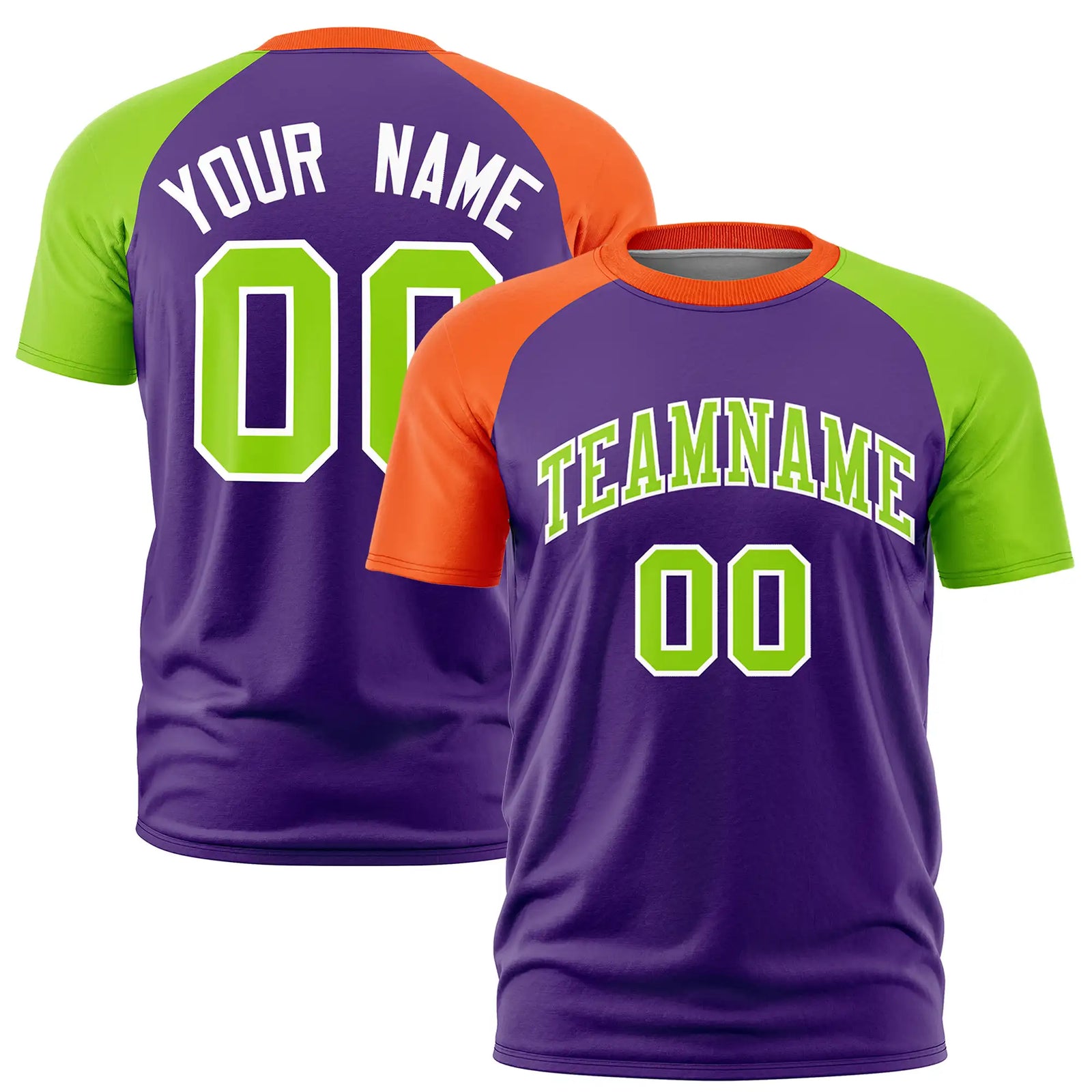 Custom Purple Orange-Neon Green Crew Neck Two Tone Sleeve Design  Performance T-Shirt