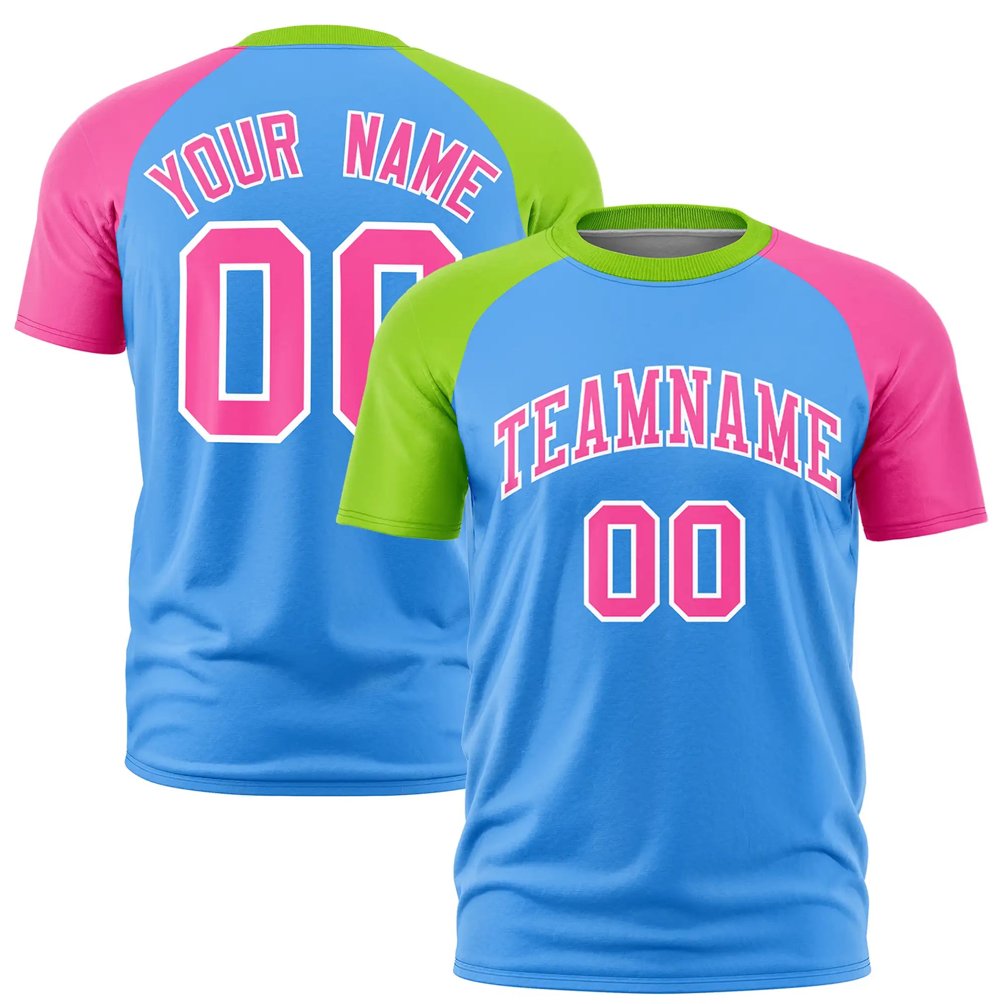 Custom Powder Blue Neon Green-Pink Crew Neck Two Tone Sleeve Design  Performance T-Shirt