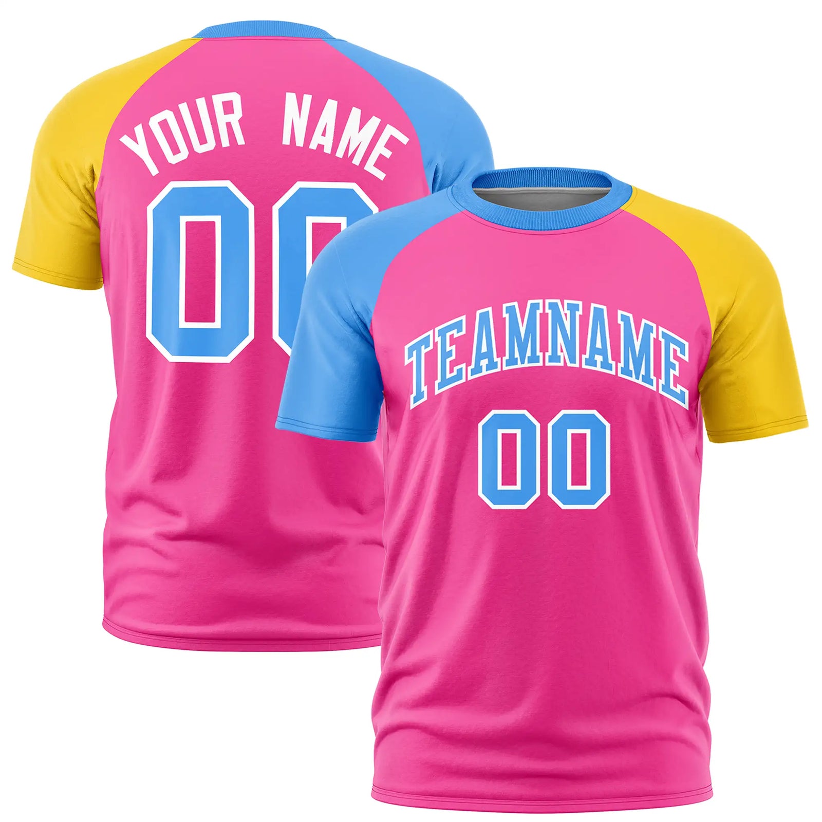 Custom Pink Powder Blue-Gold01 Crew Neck Two Tone Sleeve Design  Performance T-Shirt