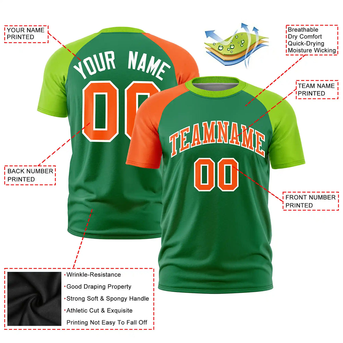 Custom Kelly Green Orange-Neon Green Crew Neck Two Tone Sleeve Design  Performance T-Shirt