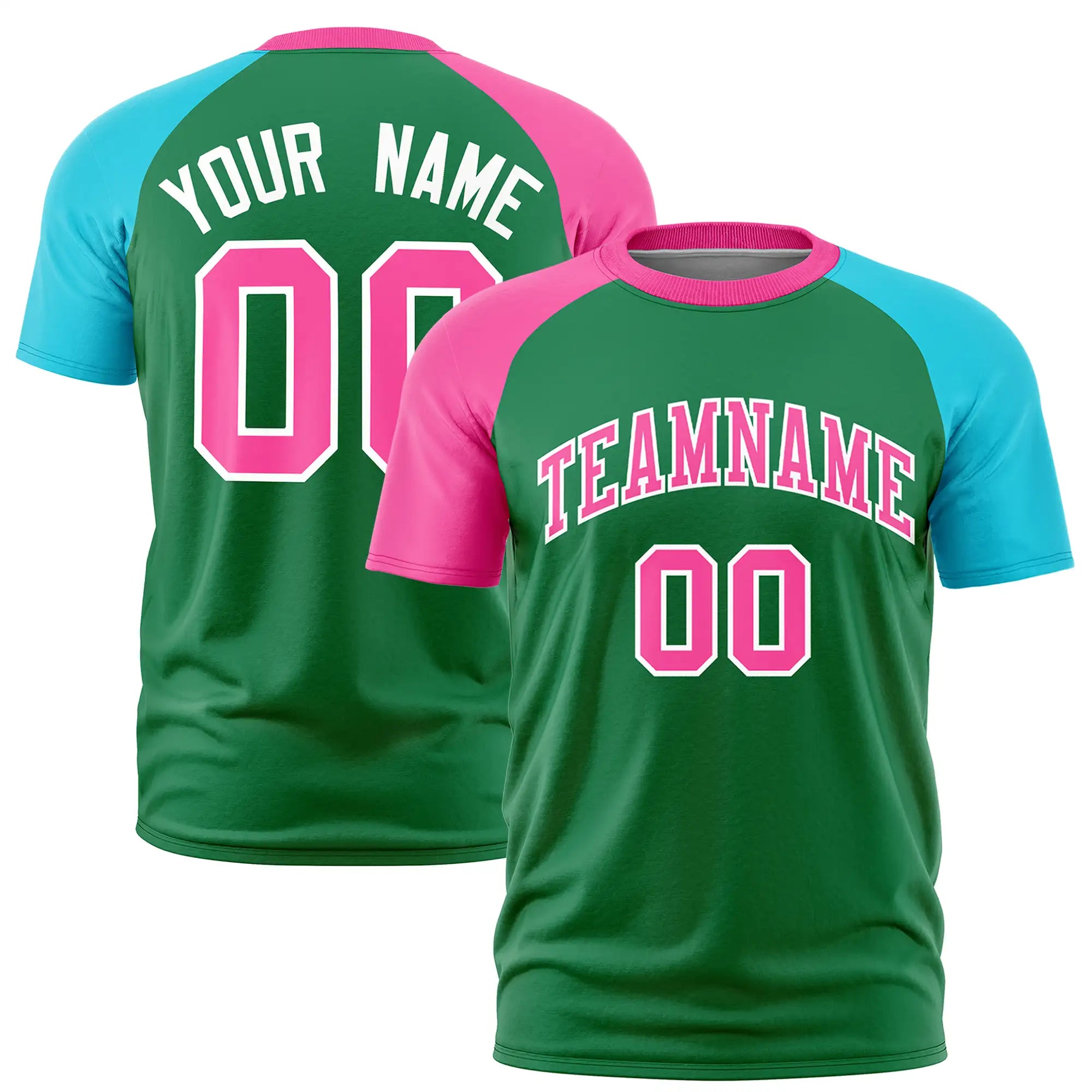 Custom Kelly Green Pink-Sky Blue Crew Neck Two Tone Sleeve Design  Performance T-Shirt