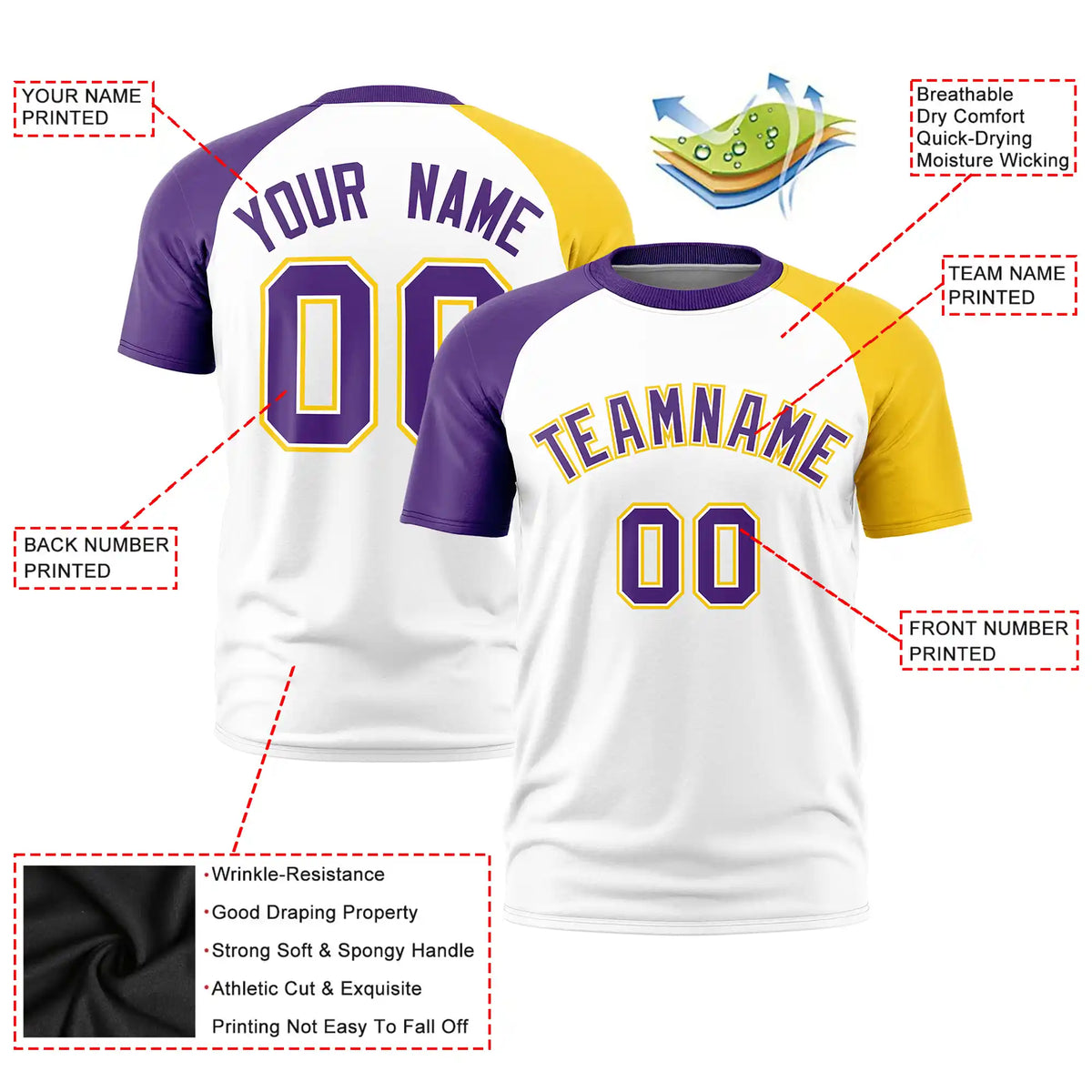 Custom White Purple-Gold01 Crew Neck Two Tone Sleeve Design  Performance T-Shirt