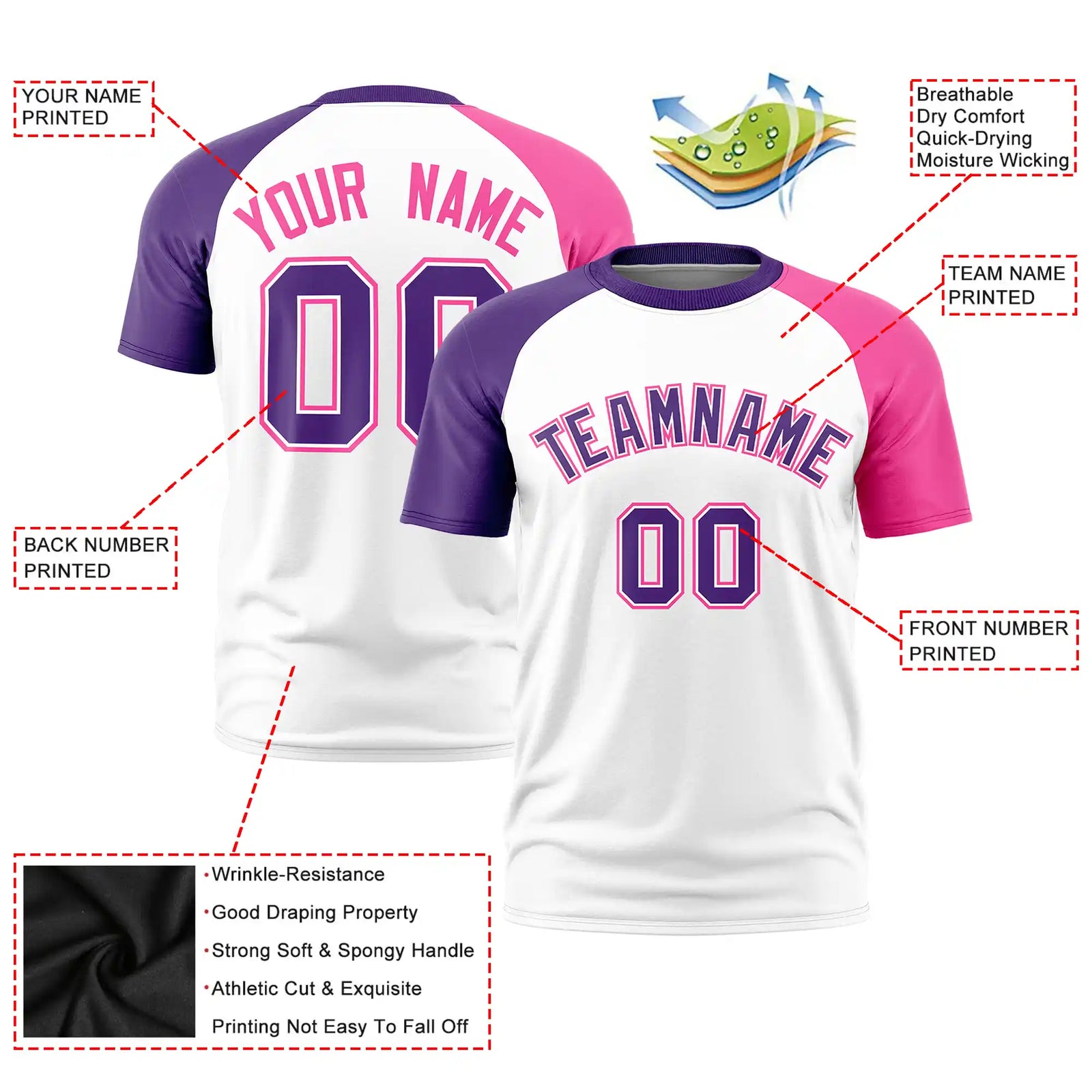 Custom White Purple-Pink Crew Neck Two Tone Sleeve Design  Performance T-Shirt