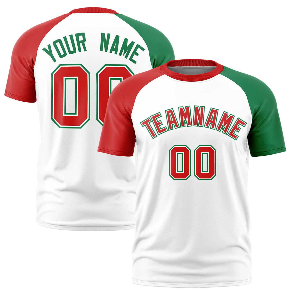 Custom White Red-Kelly Green Crew Neck Two Tone Sleeve Design  Performance T-Shirt