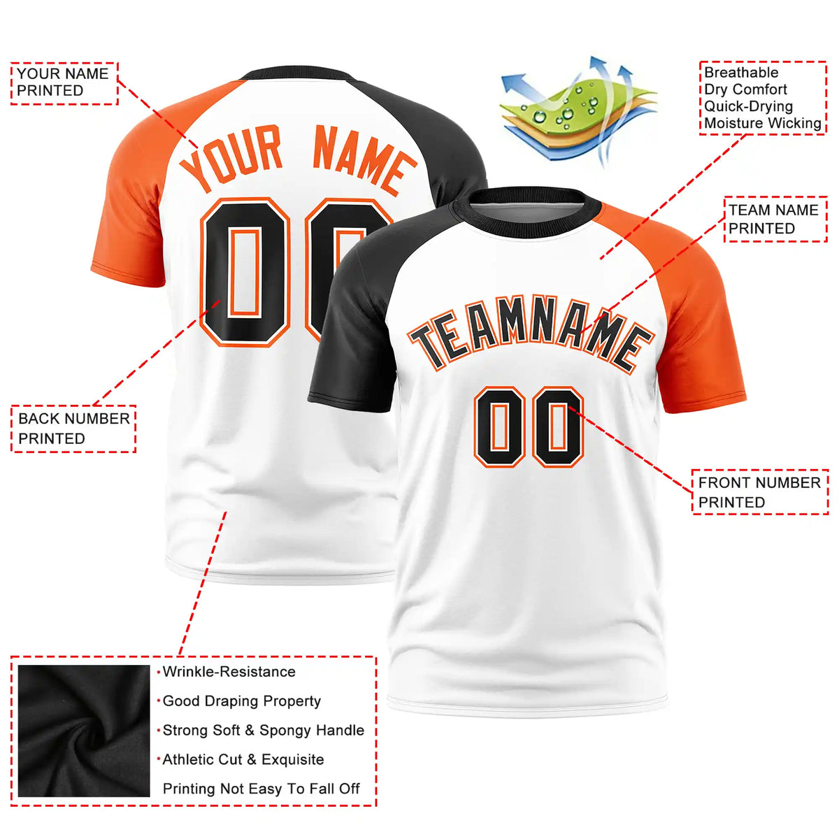 Custom White Black-Orange Crew Neck Two Tone Sleeve Design  Performance T-Shirt