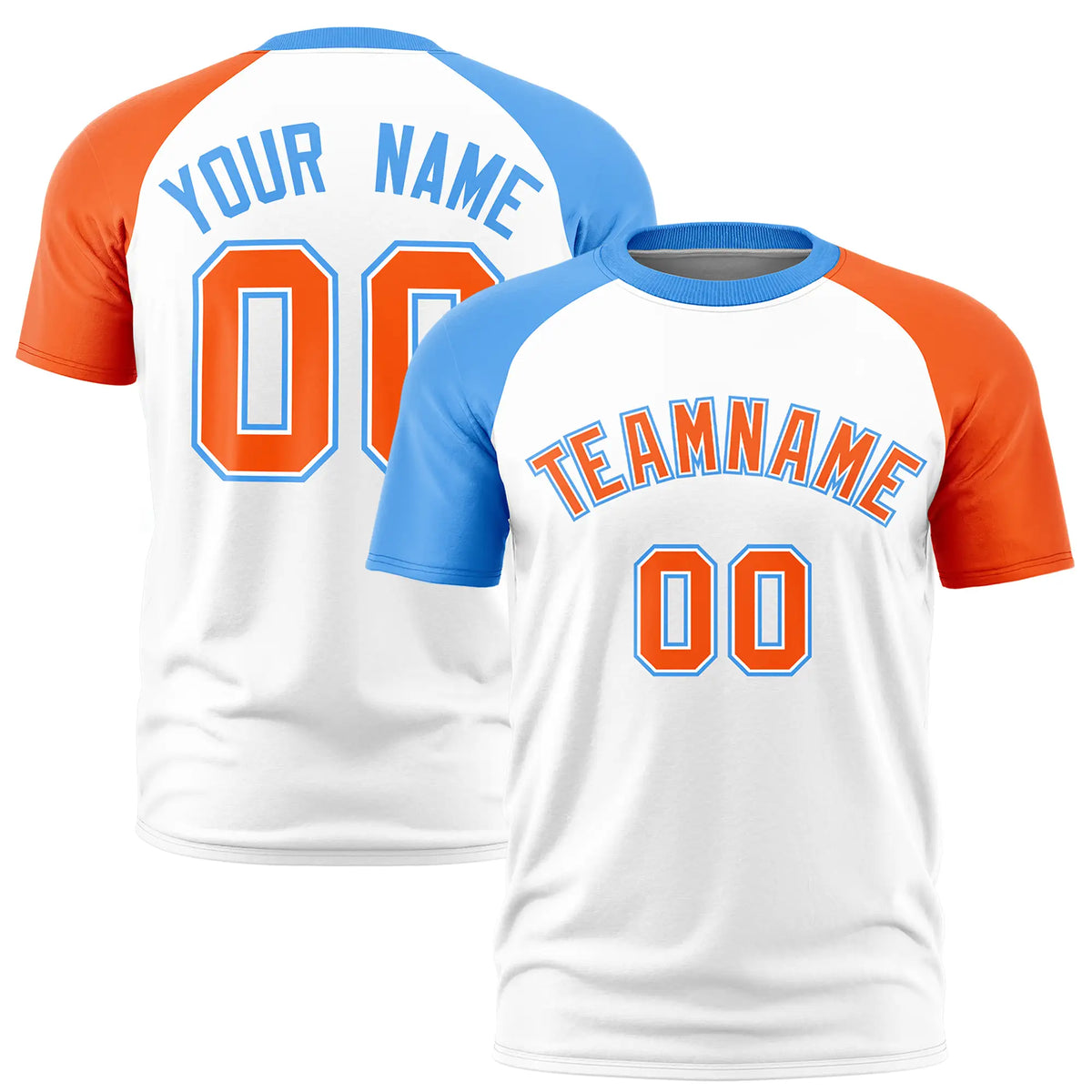 Custom White Powder Blue-Orange Crew Neck Two Tone Sleeve Design  Performance T-Shirt