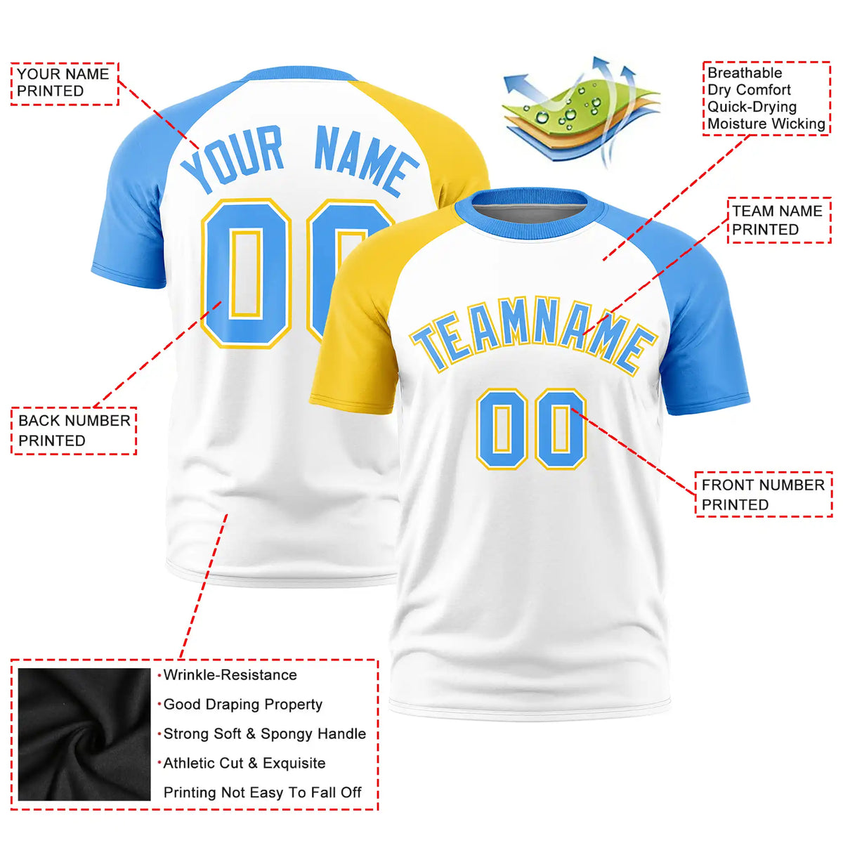 Custom White Gold01-Powder Blue Crew Neck Two Tone Sleeve Design  Performance T-Shirt