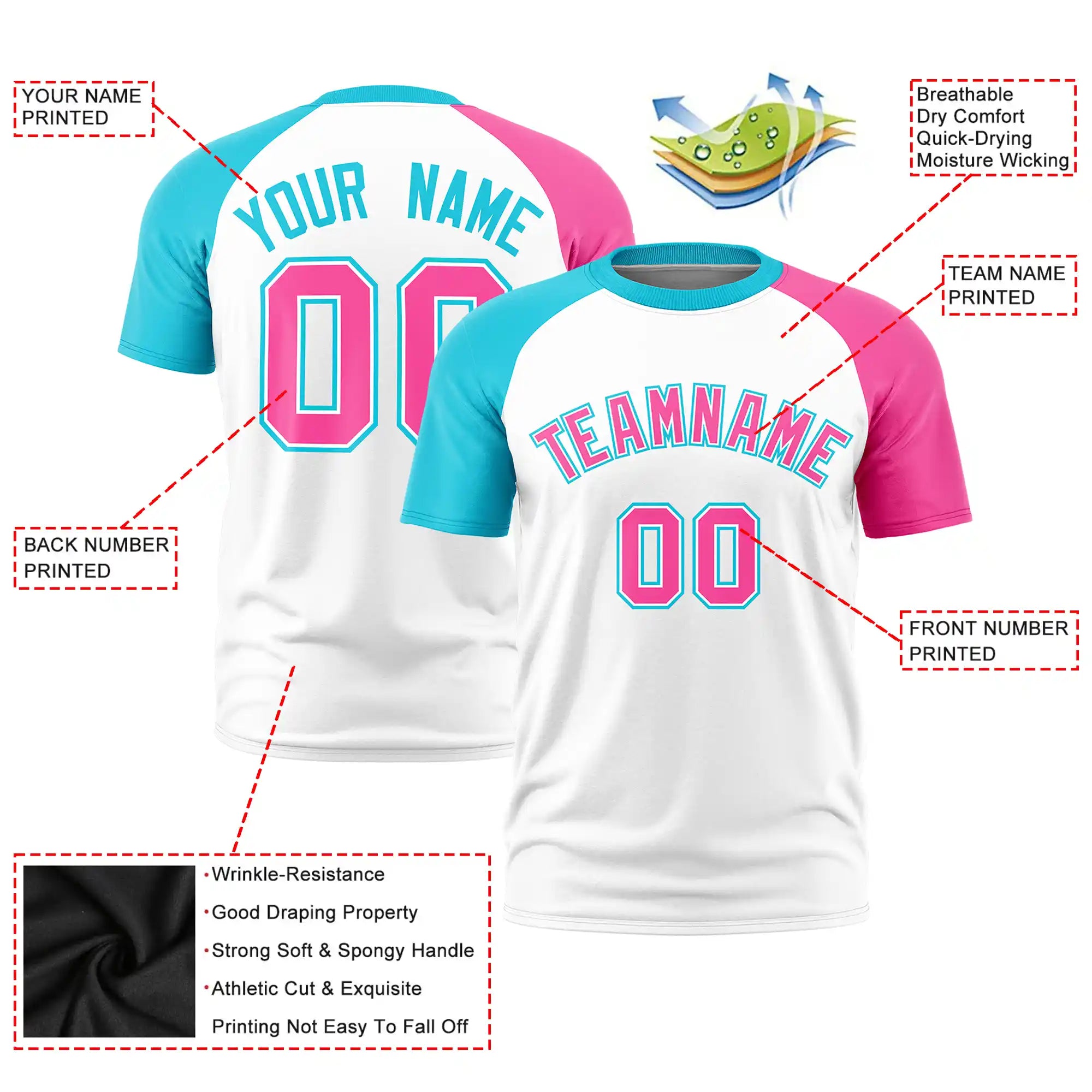 Custom White Sky Blue-Pink Crew Neck Two Tone Sleeve Design  Performance T-Shirt