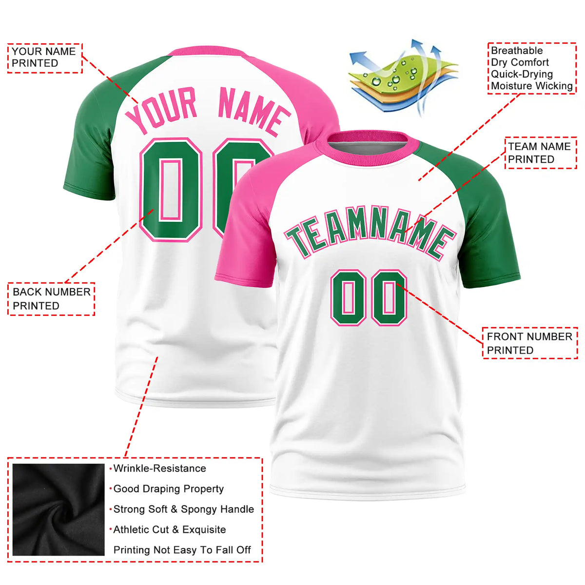Custom White Pink-Kelly Green Crew Neck Two Tone Sleeve Design  Performance T-Shirt