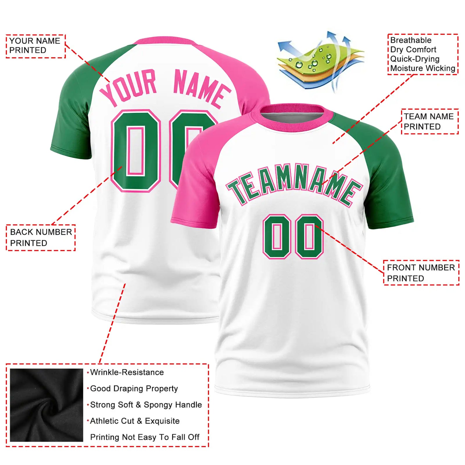 Custom White Pink-Kelly Green Crew Neck Two Tone Sleeve Design  Performance T-Shirt