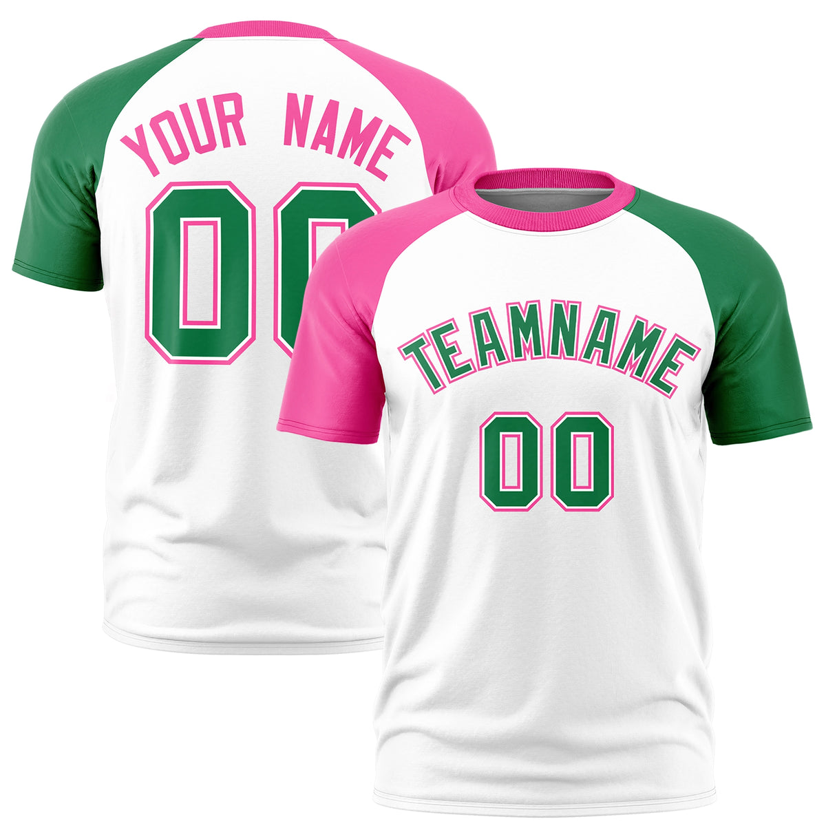 Custom White Pink-Kelly Green Crew Neck Two Tone Sleeve Design  Performance T-Shirt